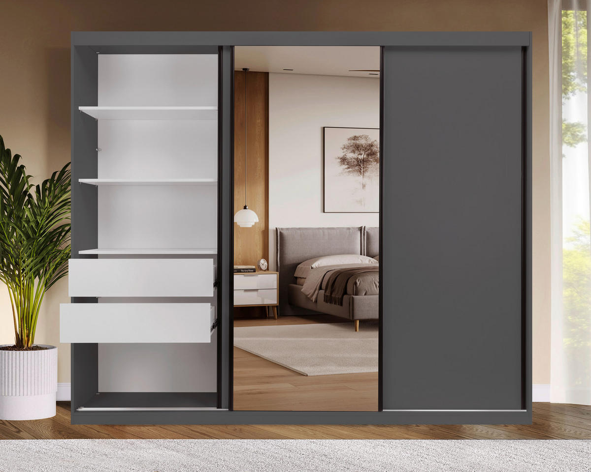 SCHIEBETÜRENSCHRANK 250/215/59,5 cm 3-türig Graphitfarben  - Graphitfarben/Schwarz, MODERN, Holzwerkstoff/Metall (250/215/59,5cm) - MID.YOU