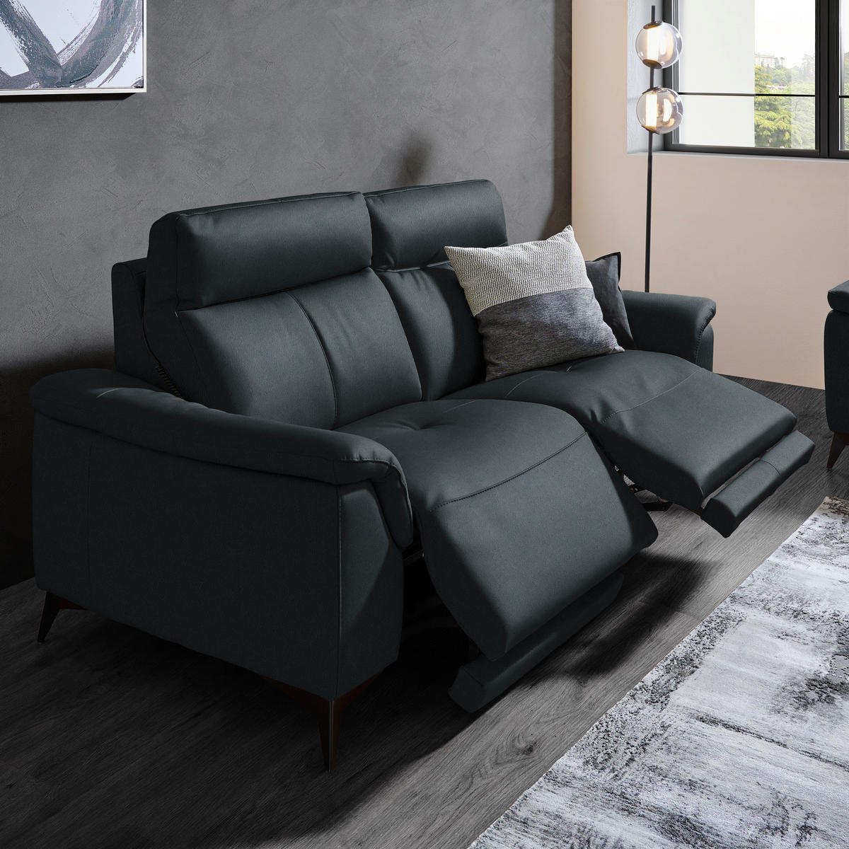 3-SITZER-SOFA  in Echtleder Dunkelblau   - Schwarz/Dunkelblau, Design, Leder/Metall (207/105/98cm) - Belluti