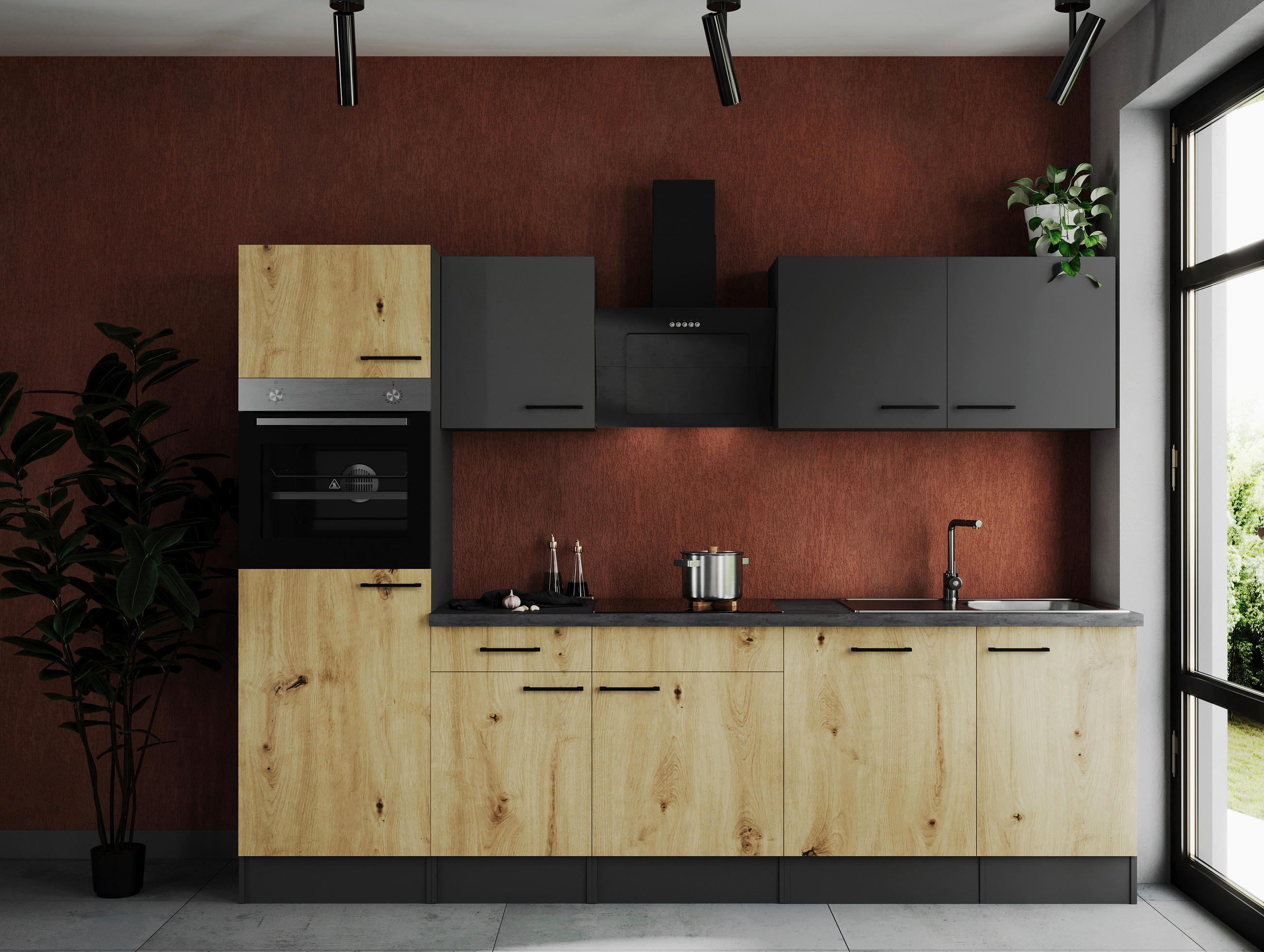 KÜCHENBLOCK 280 cm   in Grau, Eiche Artisan  - Schwarz/Eiche Artisan, Design, Holzwerkstoff/Metall (280cm) - Respekta