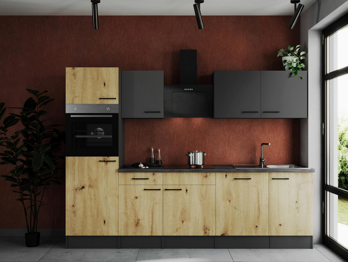 KÜCHENBLOCK 280 cm   in Grau, Eiche Artisan  - Schwarz/Eiche Artisan, Design, Holzwerkstoff/Metall (280cm) - Respekta