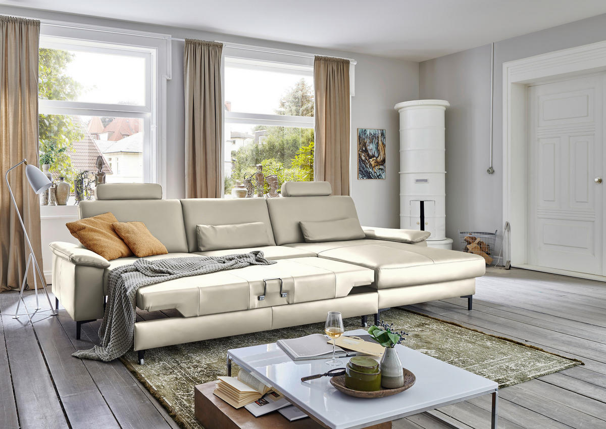 ECKSOFA in Echtleder Ecru  - Ecru/Schwarz, Design, Leder/Metall (334/176cm) - Dieter Knoll
