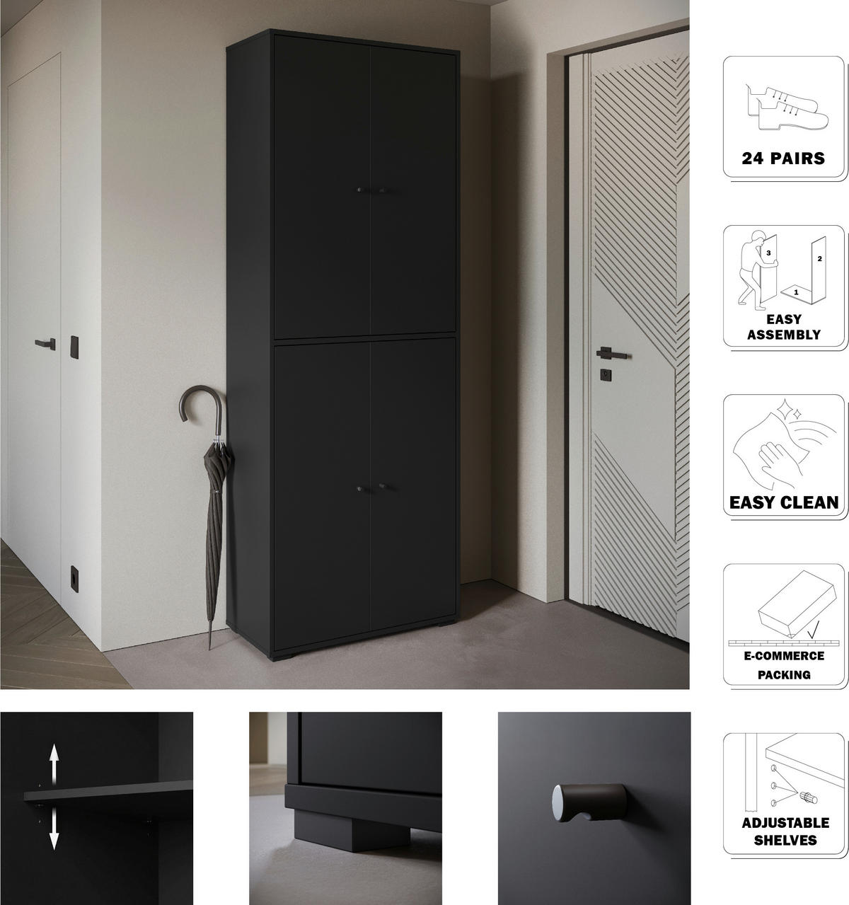 SCHUHSCHRANK 70/190/33 cm  - Schwarz, Basics, Holzwerkstoff/Kunststoff (70/190/33cm) - P & B