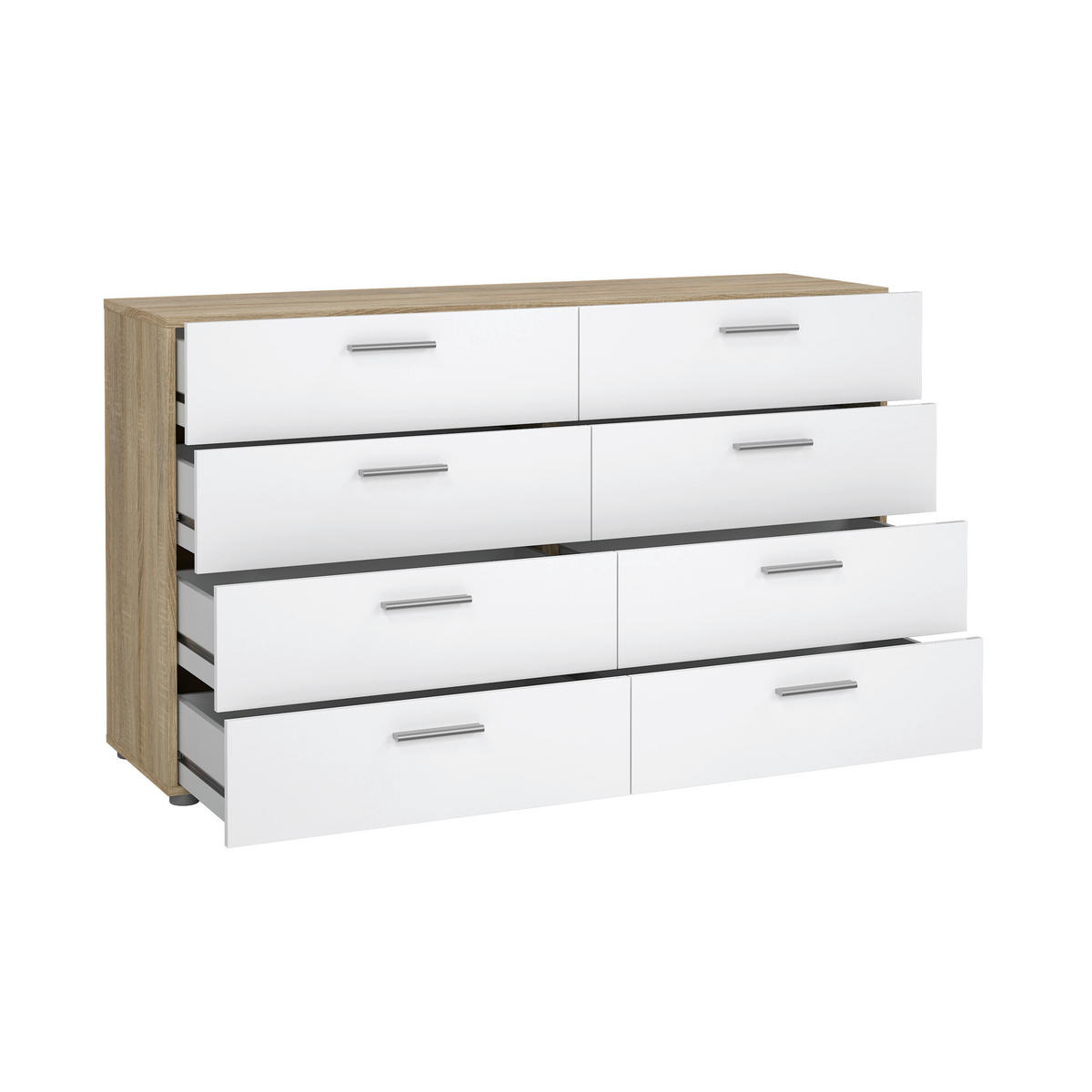 KOMODA   140/81,7/40 cm   boje hrasta, bijela visoki sjaj  - srebrne boje/boje hrasta, Design, drvni materijal/metal (140/81,7/40cm) - Livetastic