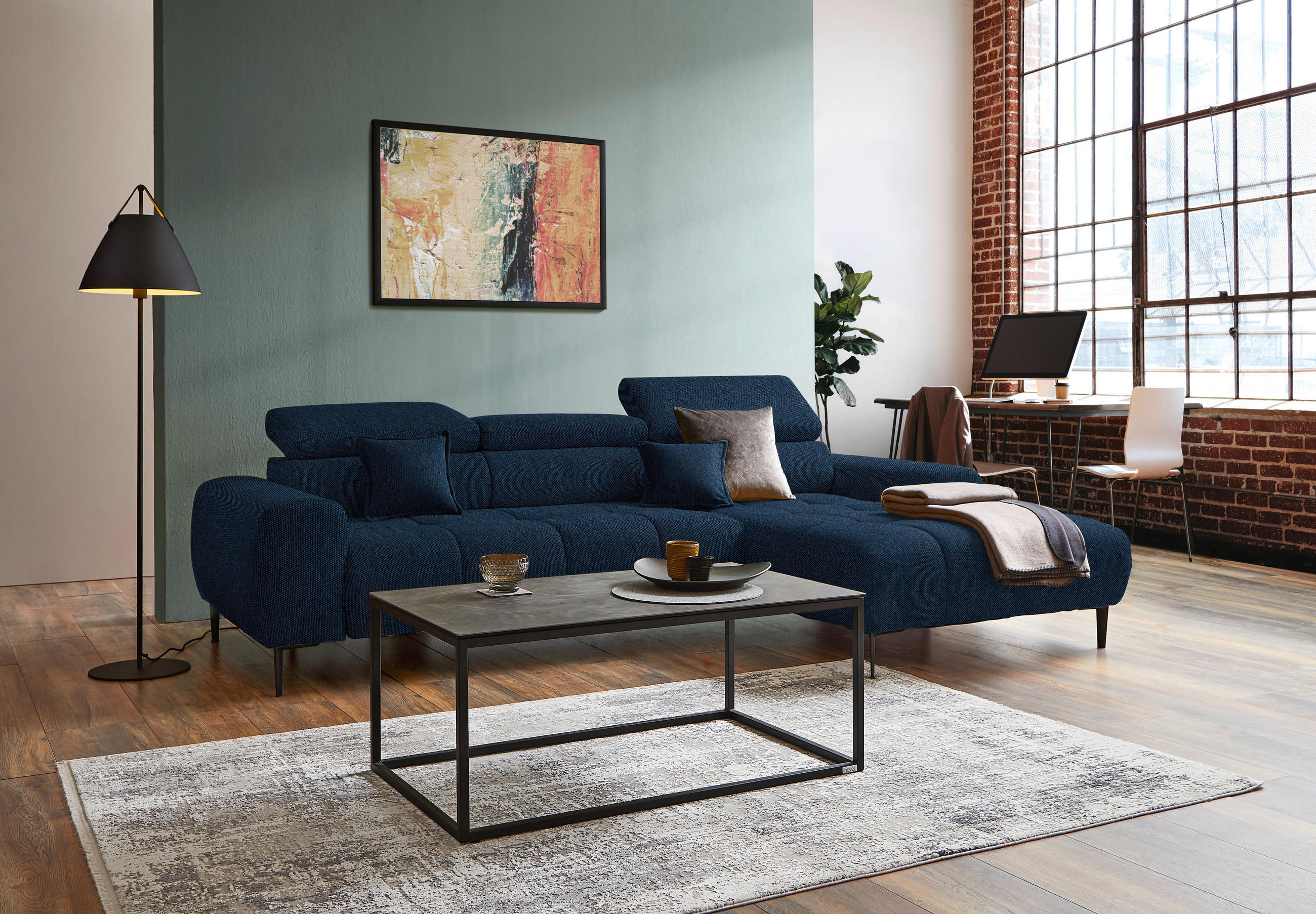 ECKSOFA in Webstoff Dunkelblau  - Schwarz/Dunkelblau, Design, Textil/Metall (270/177cm) - Welnova