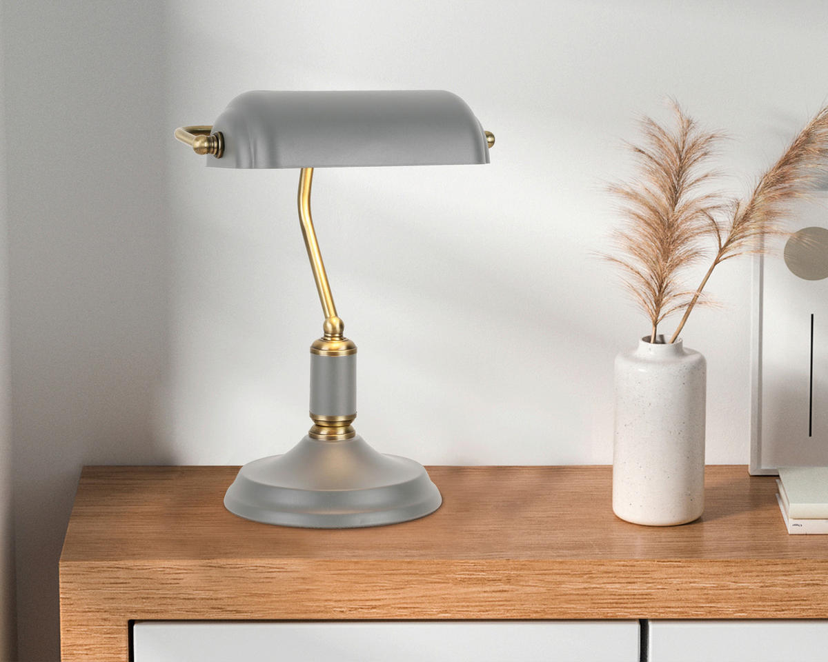 STOLNÍ LAMPA, E27, 37/26,5/18 cm - šedá/barvy mosazi, Konvenční, kov (37/26,5/18cm) - Novel