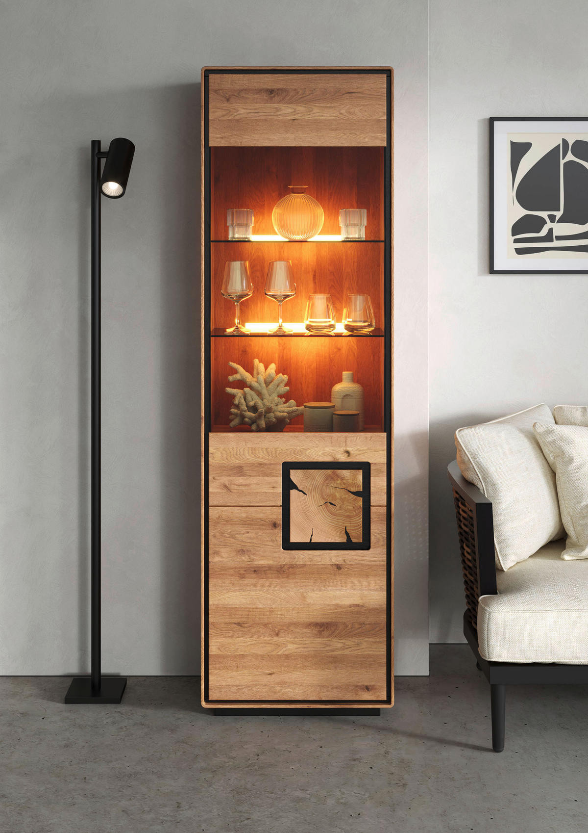 VITRINE  in massiv Wildeiche Schwarz, Wildeiche  - Wildeiche/Schwarz, Basics, Glas/Holz (60/203/40cm) - Livetastic