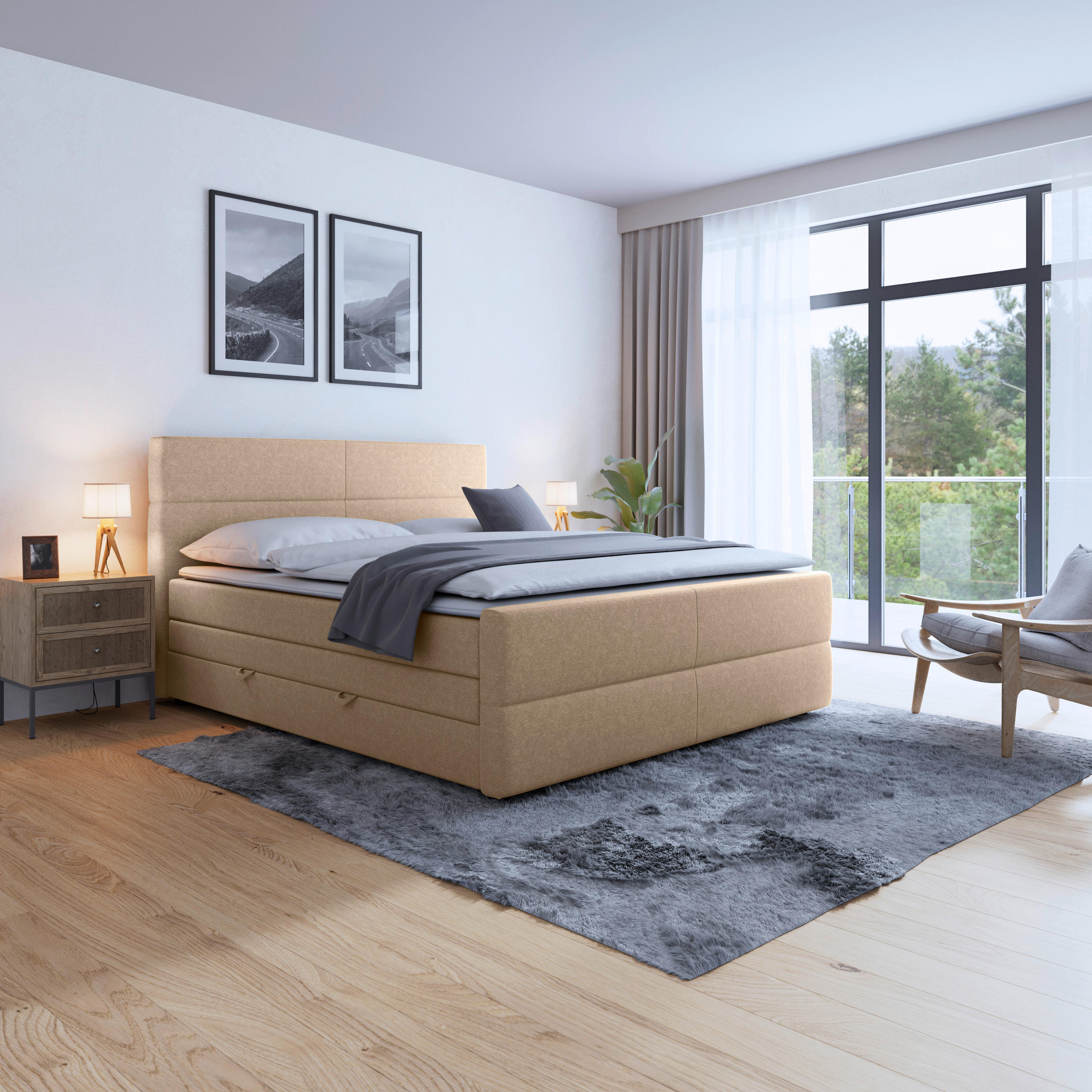 POSTELJA BOXSPRING 180 cm   x 200 cm  , kovina, umetna masa, tekstil, karton, leseni material naravne barve  - črna/naravne barve, Moderno, kovina/umetna masa (180/200cm) - MID.YOU