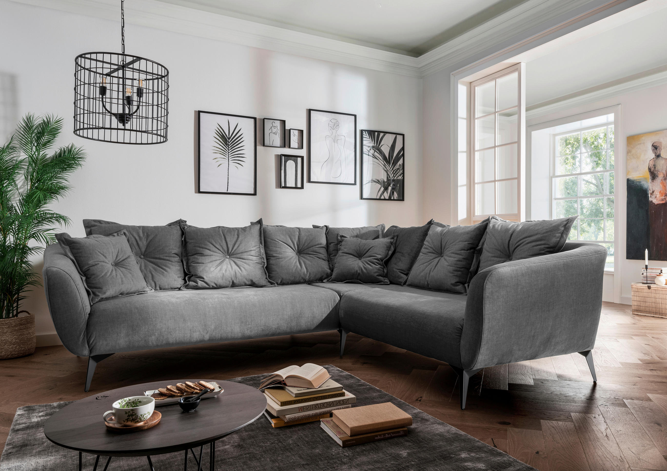 ECKSOFA Grau Velours  - Schwarz/Grau, MODERN, Textil/Metall (276/247cm) - Livetastic
