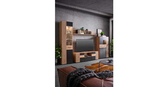 WOHNWAND in Schwarz, Eiche Artisan 330/205/45 cm - Schwarz/Eiche Artisan, Design, Glas/Holzwerkstoff (330/205/45cm) - Carryhome
