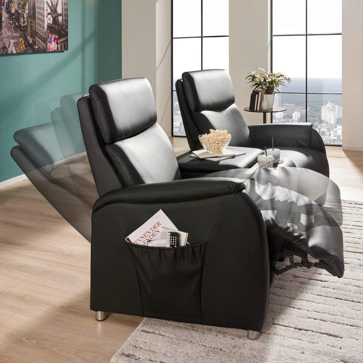 HEIMKINO-SOFA Lederlook Schwarz  - Schwarz, Design, Kunststoff/Textil (186/104/90cm) - Livetastic