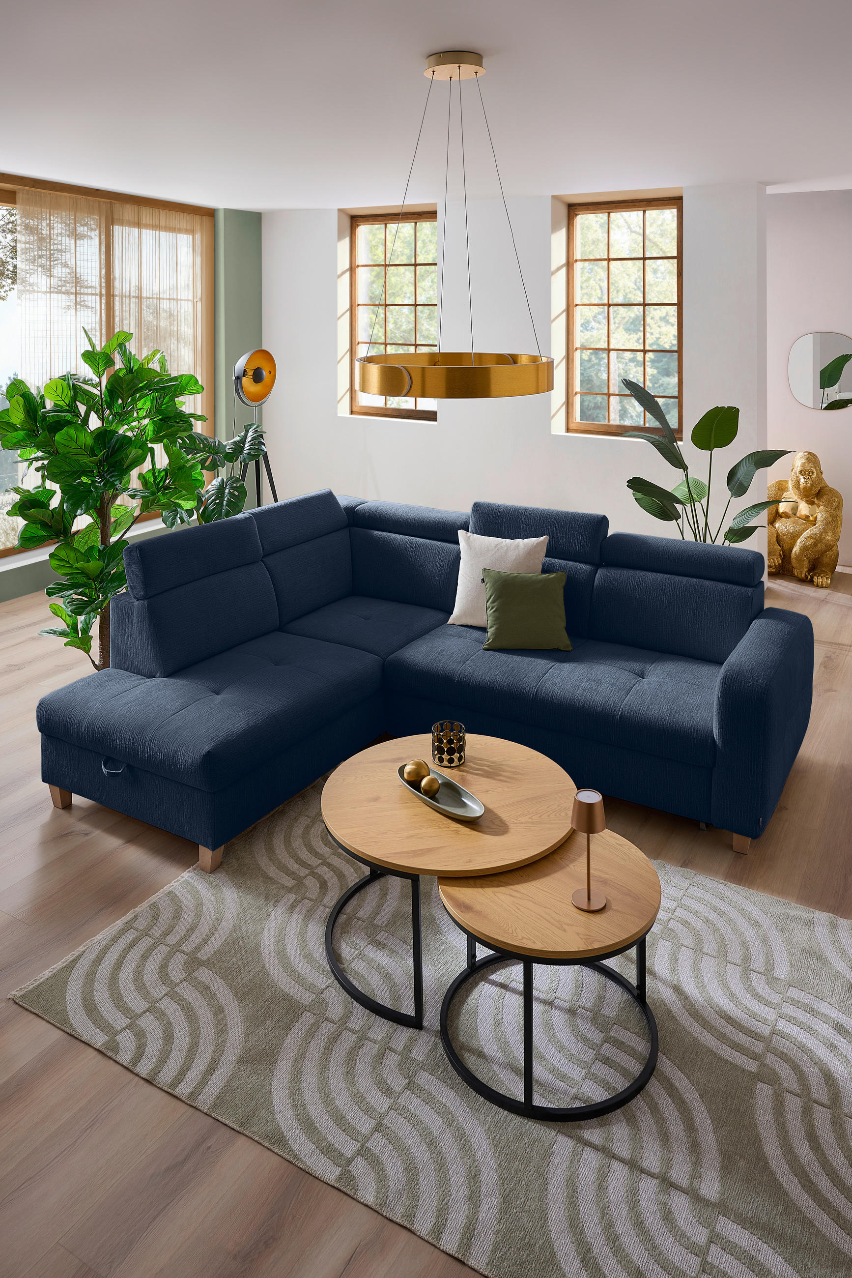 ECKSOFA inkl. Funktionen Dunkelblau Samt  - Dunkelblau, Natur, Holz/Textil (206/261cm) - Venda
