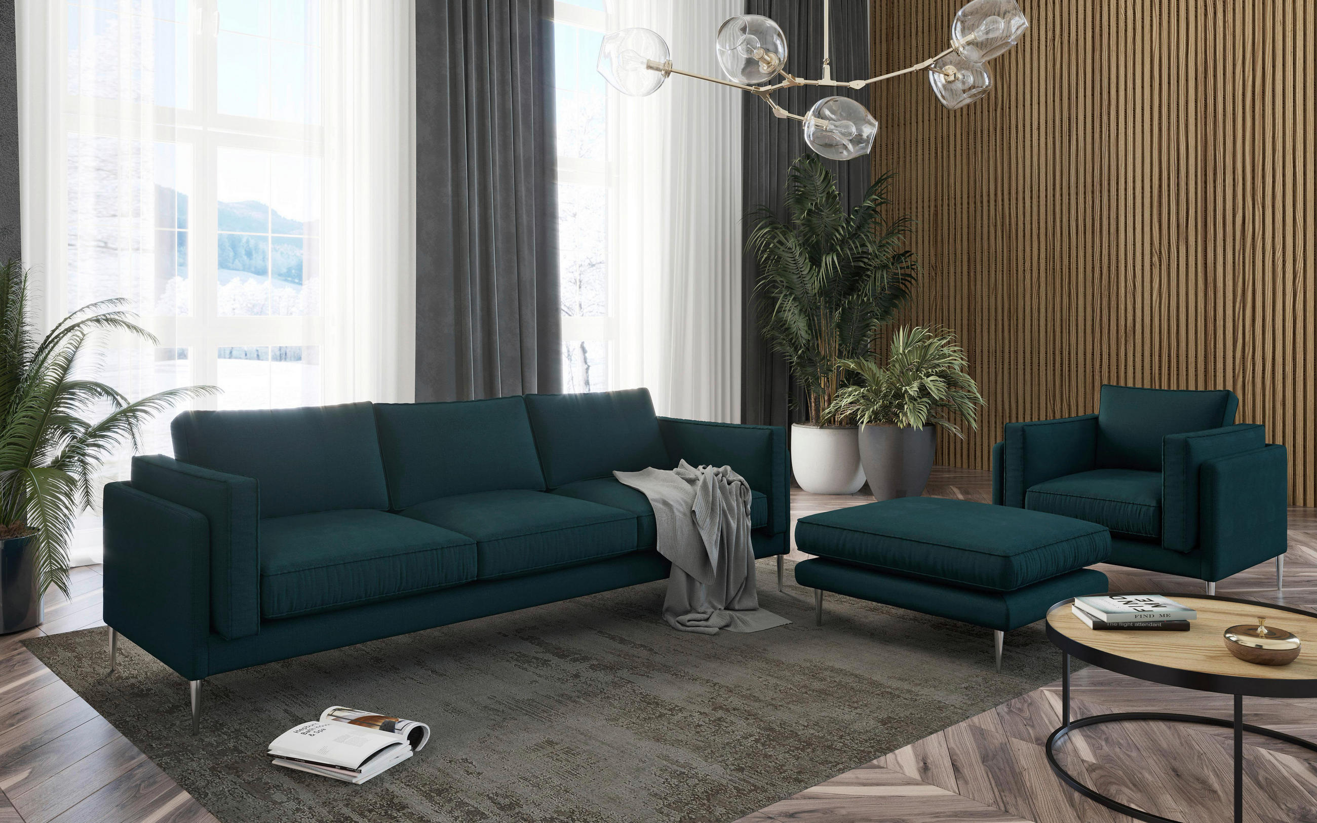 SEDACÍ SESTAVA, textil, tmavě zelená - tmavě zelená/barvy nerez oceli, Design, kov/textil - Livetastic
