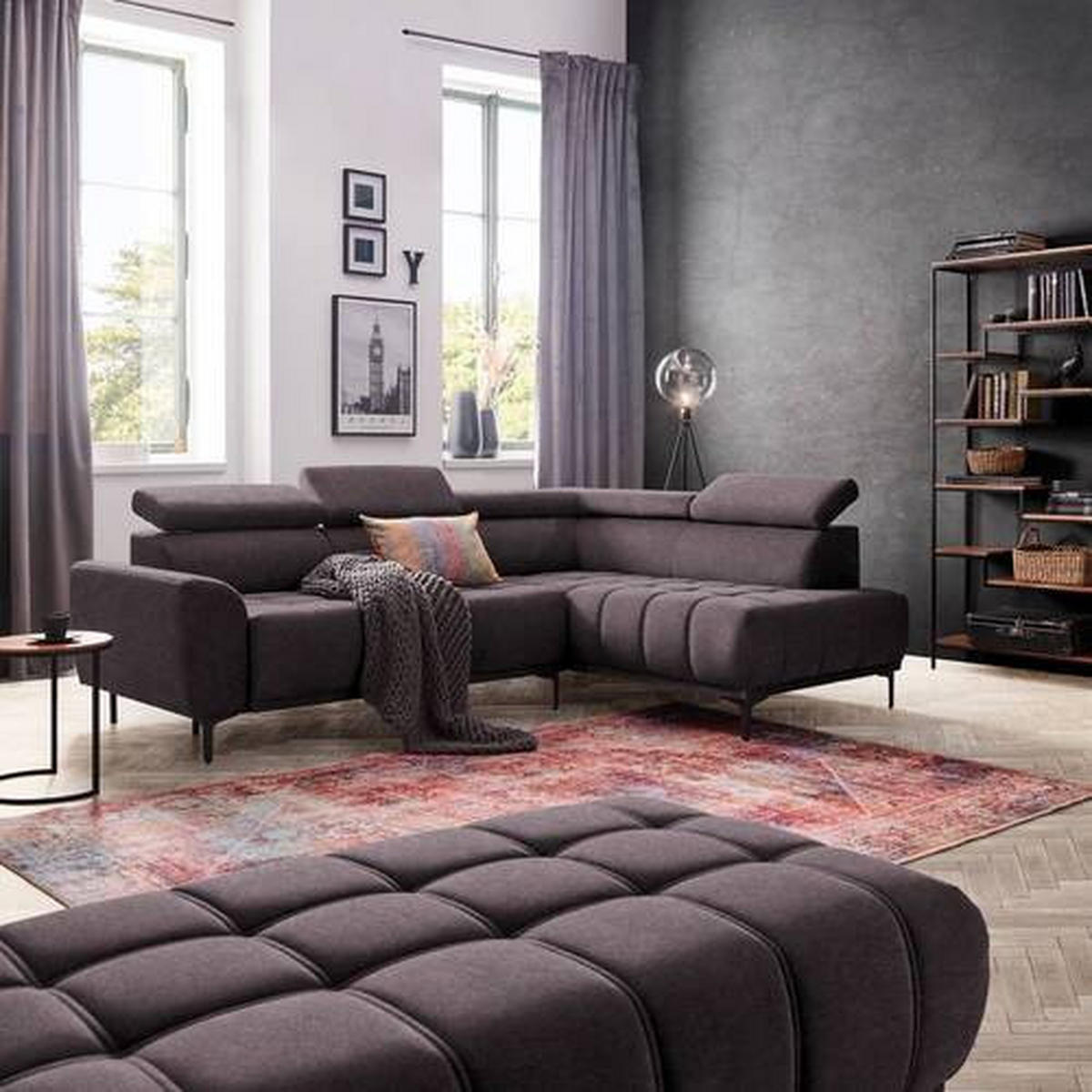 ECKSOFA in Velours Dunkelbraun  - Dunkelbraun/Schwarz, Design, Textil/Metall (261/191cm) - Stylife