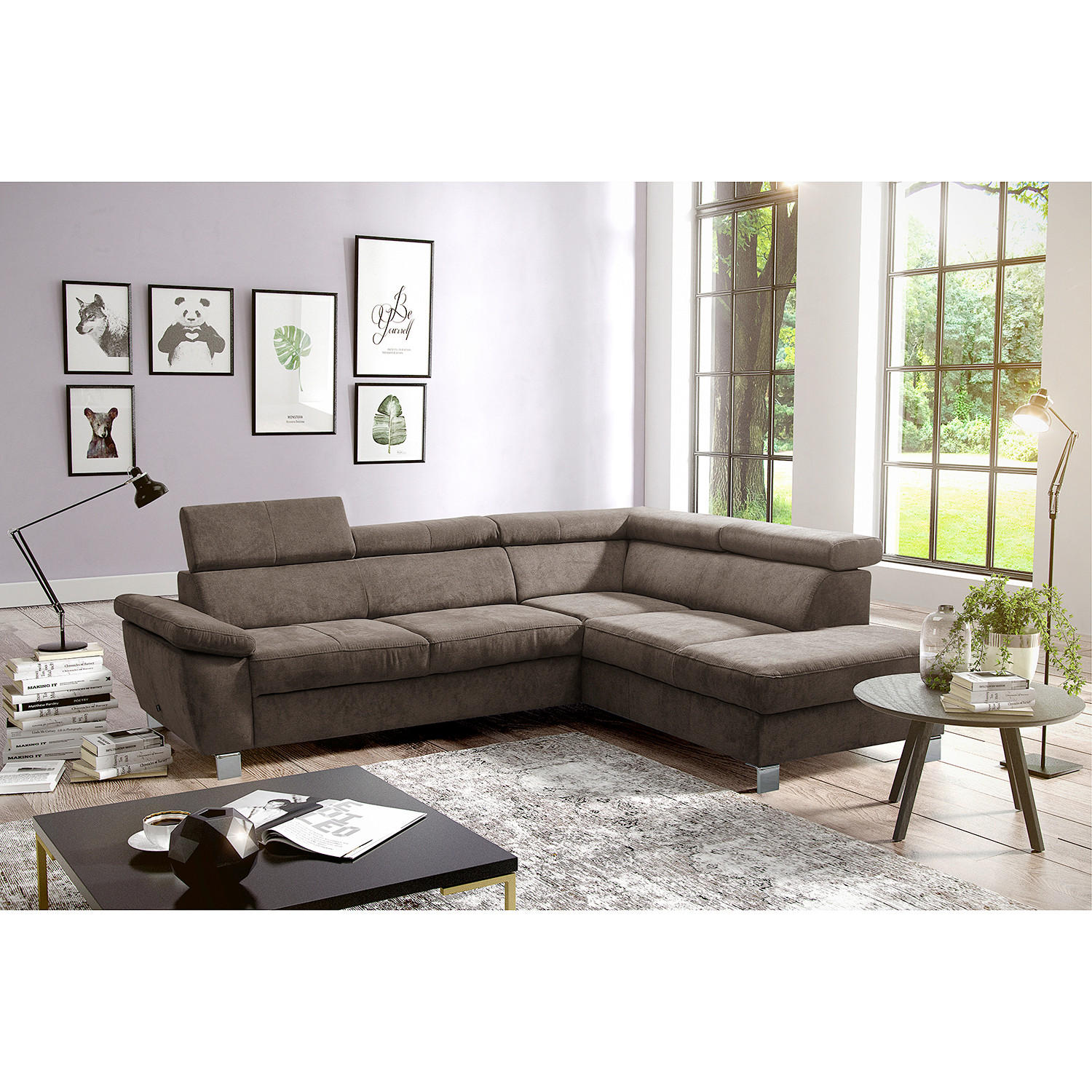 ECKSOFA Dunkelbraun Mikrofaser  - Chromfarben/Dunkelbraun, Design, Textil/Metall (248/208cm) - Livetastic