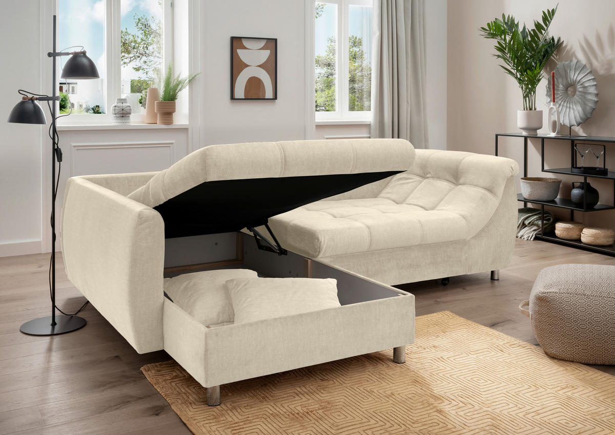 ECKSCHLAFSOFA  mit Liegefunktion, seitenverkehrt erhältlich Mikrofaser Beige  - Chromfarben/Beige, MODERN, Textil/Metall (190/250cm) - Livetastic
