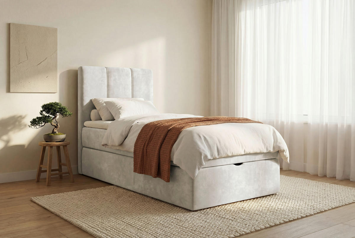 BOXBETT 90/200 cm,  in Beige, Matratze, gepolstertes Kopfteil, Bettkasten, Topper, H3 = fest  - Beige/Schwarz, Design, Holzwerkstoff/Kunststoff (90/200cm) - Esposa