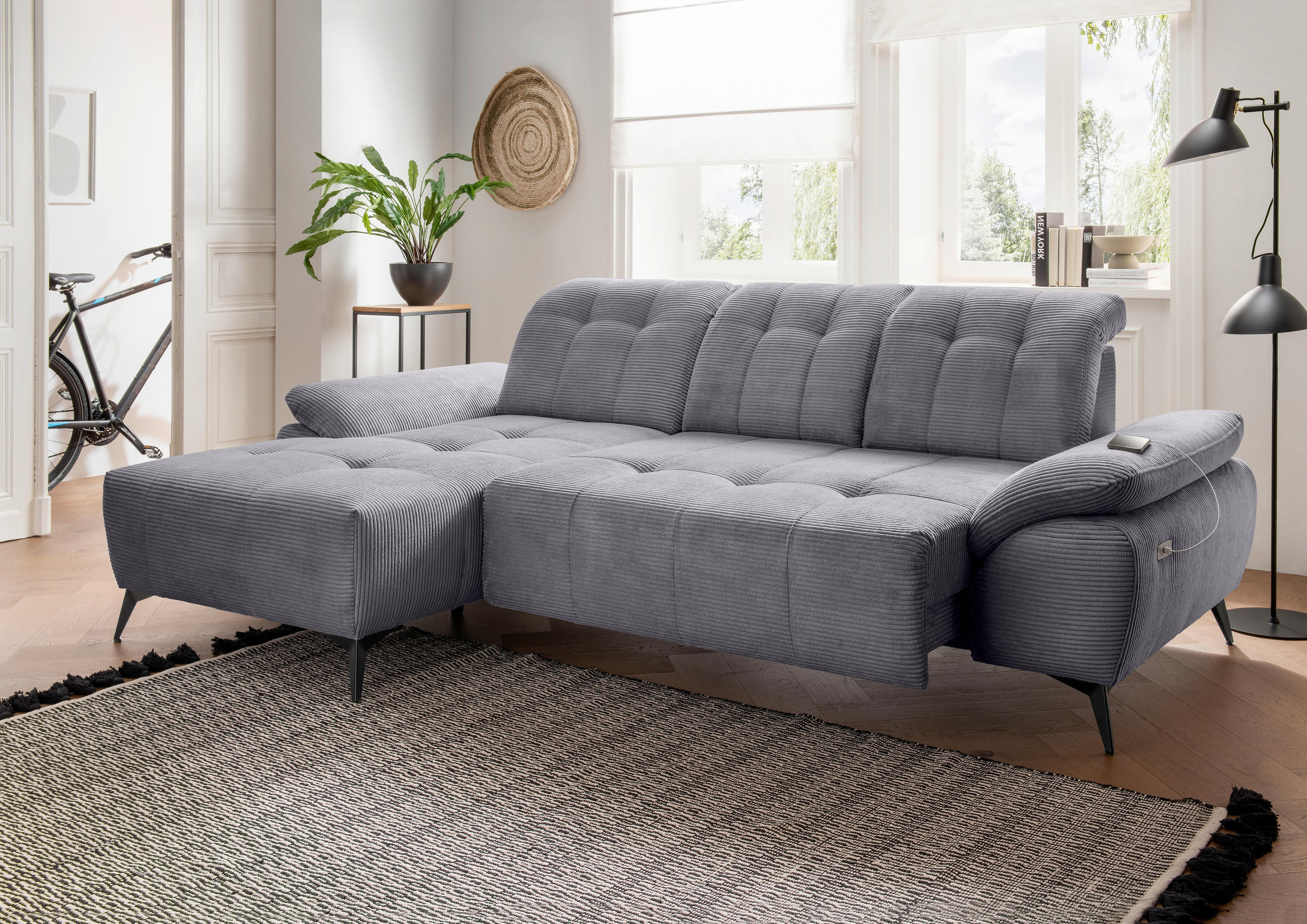 ECKSOFA FIORE in Cord Grau Kopfteilverstellung, Sitzvorzug  180/280 cm  - Schwarz/Grau, MODERN, Textil/Metall (180/280cm) - Livetastic