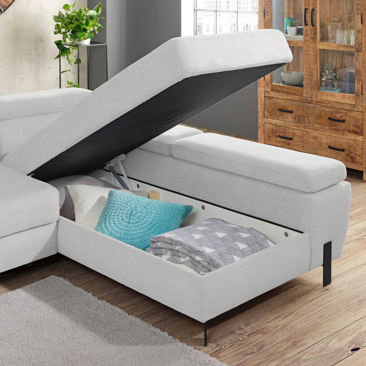 HÖRNSOFFA i vävt tyg cremefärgad  - svart/cremefärgad, Modern, metall/trämaterial (277/90/189cm) - MID.YOU