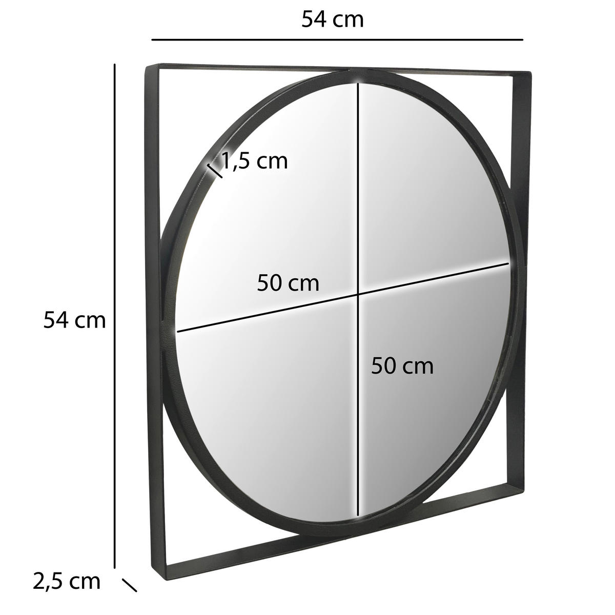WANDSPIEGEL 54/54/2,5 cm  - Schwarz, Design, Glas/Metall (54/54/2,5cm) - MID.YOU