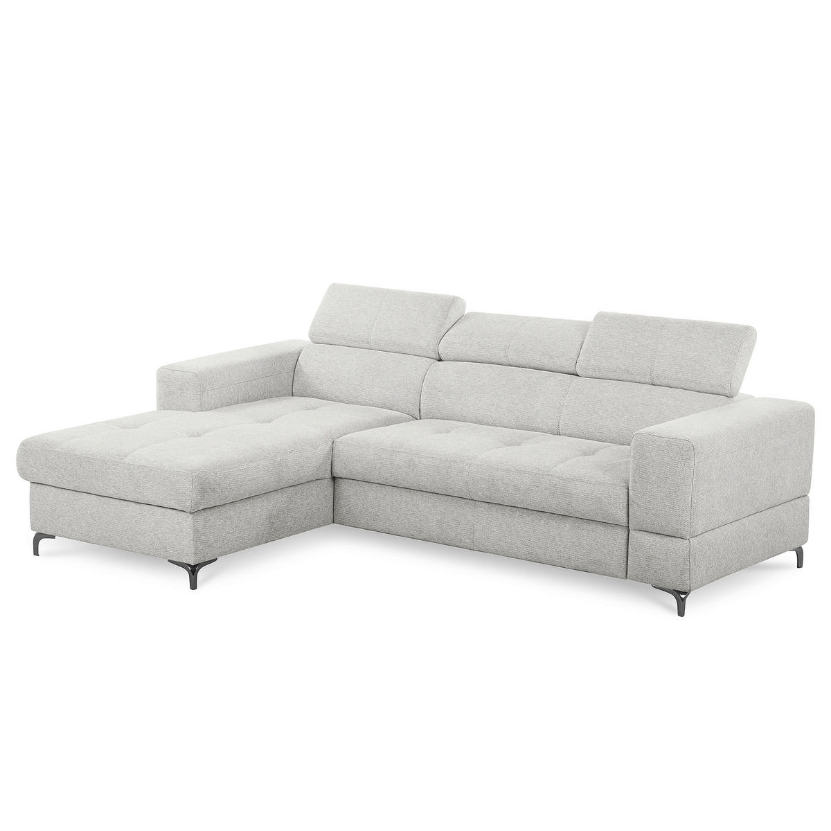 ECKSOFA TORINO Hellgrau Chenille Bettkasten, Kopfteilverstellung  - Schwarzchrom/Hellgrau, Design, Textil/Metall (173/247cm) - Livetastic