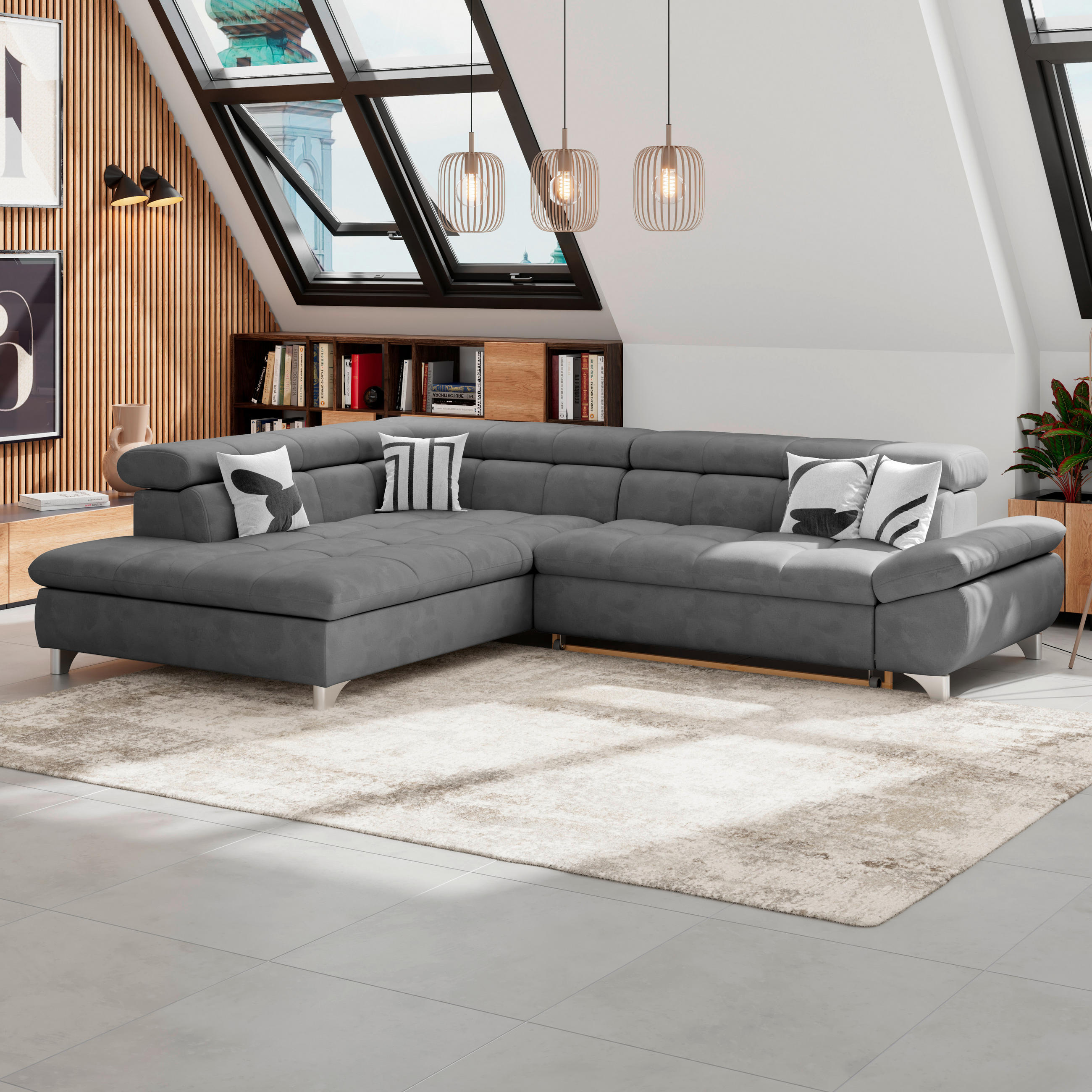 ECKSOFA Dunkelgrau Chenille  - Chromfarben/Dunkelgrau, KONVENTIONELL, Textil/Metall (234/312cm) - Livetastic