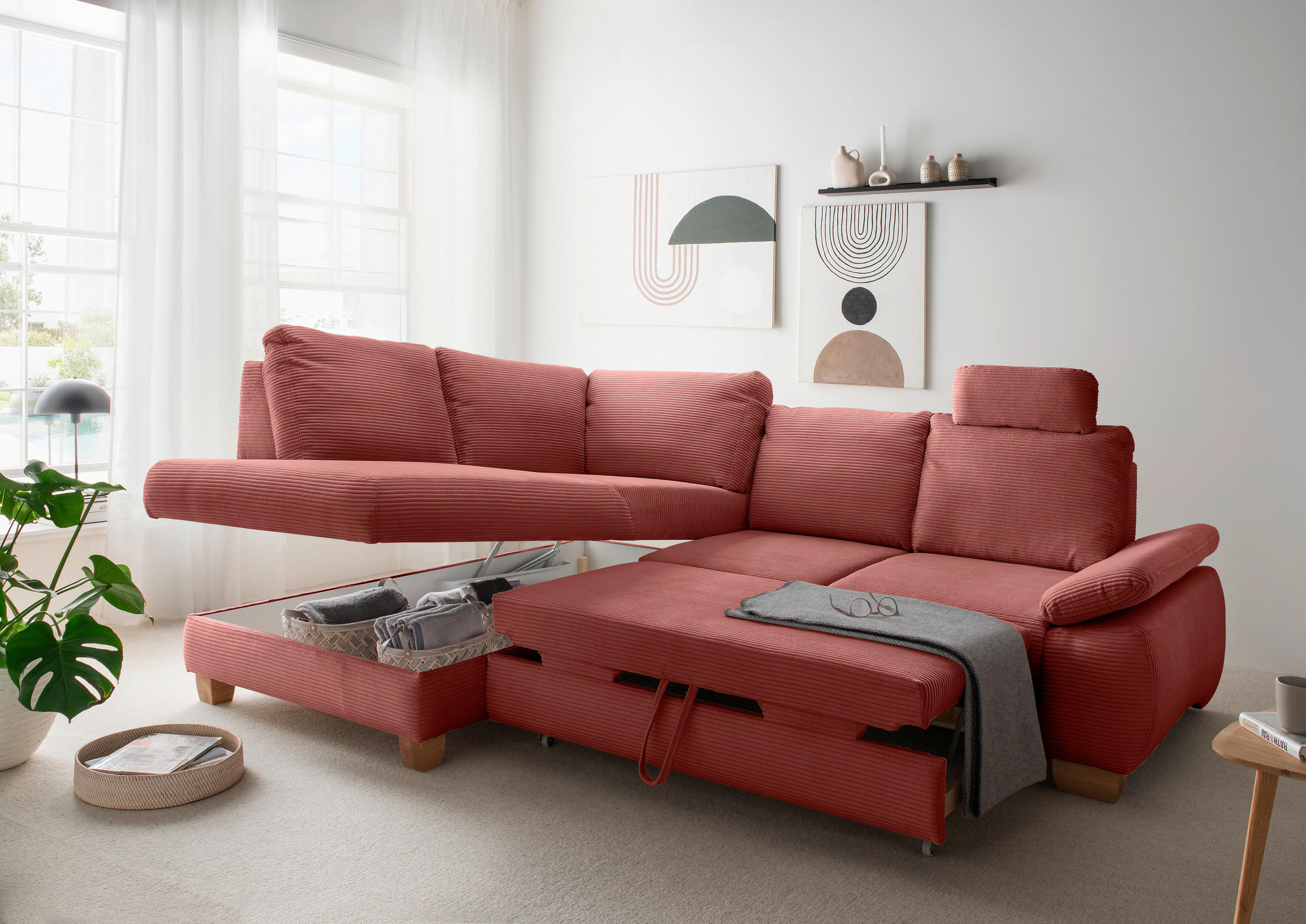 ECKSCHLAFSOFA in Cord Koralle  - Wildeiche/Koralle, Modern, Holz/Textil (206/261cm) - Livetastic