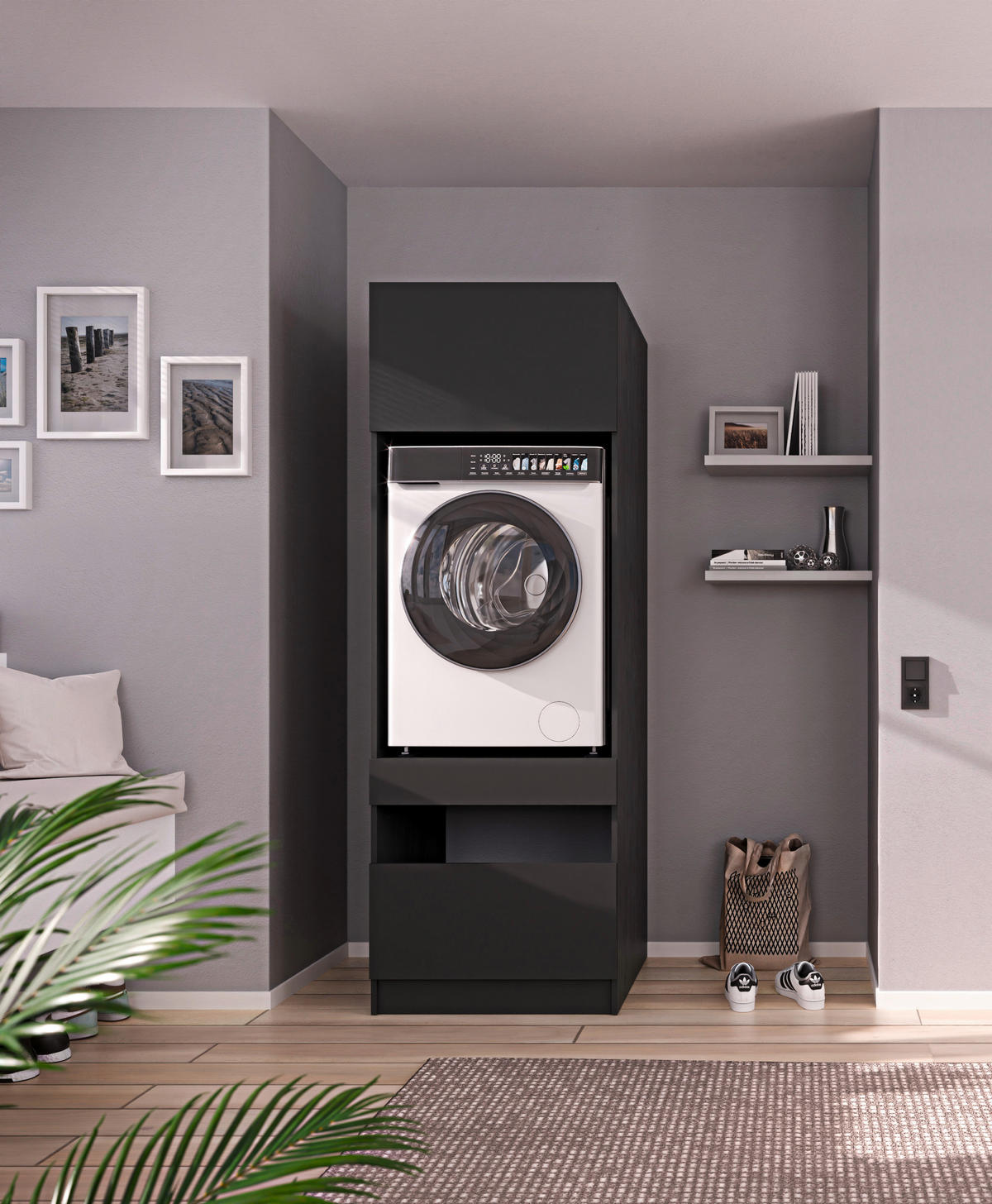 WASCHMASCHINENSCHRANK 68/200/68 cm  in Anthrazit  - Anthrazit/Schwarz, Design, Holzwerkstoff/Metall (68/200/68cm) - Milino