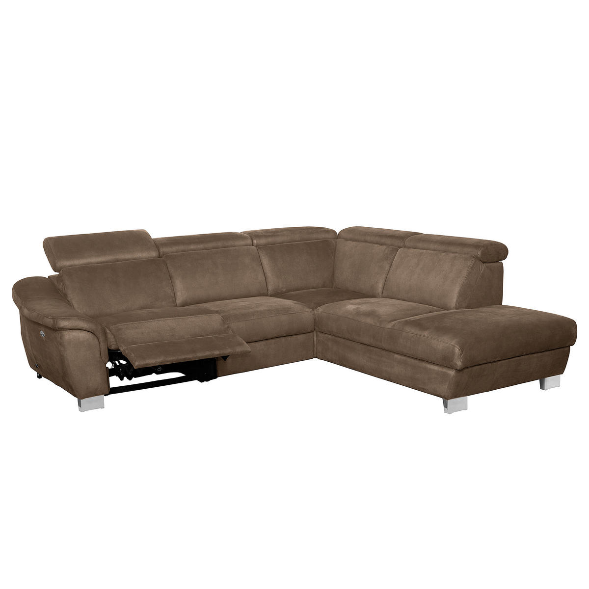ECKSOFA Braun Mikrofaser Rücken echt, Relaxfunktion, Kopfteilverstellung  - Chromfarben/Braun, Design, Textil/Metall (238/276cm) - Livetastic