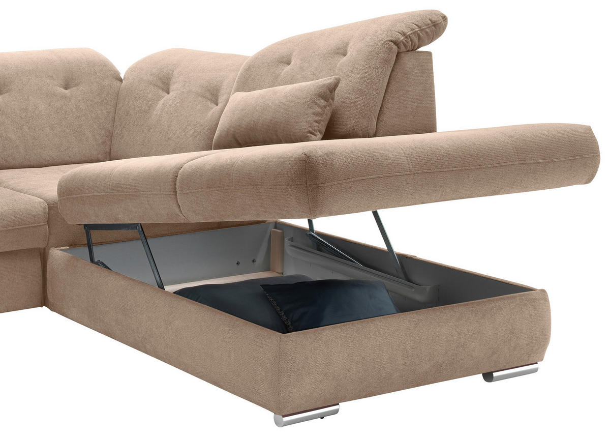WOHNLANDSCHAFT in Chenille Hellbraun  - Chromfarben/Hellbraun, Design, Textil/Metall (195/376/254cm) - Livetastic