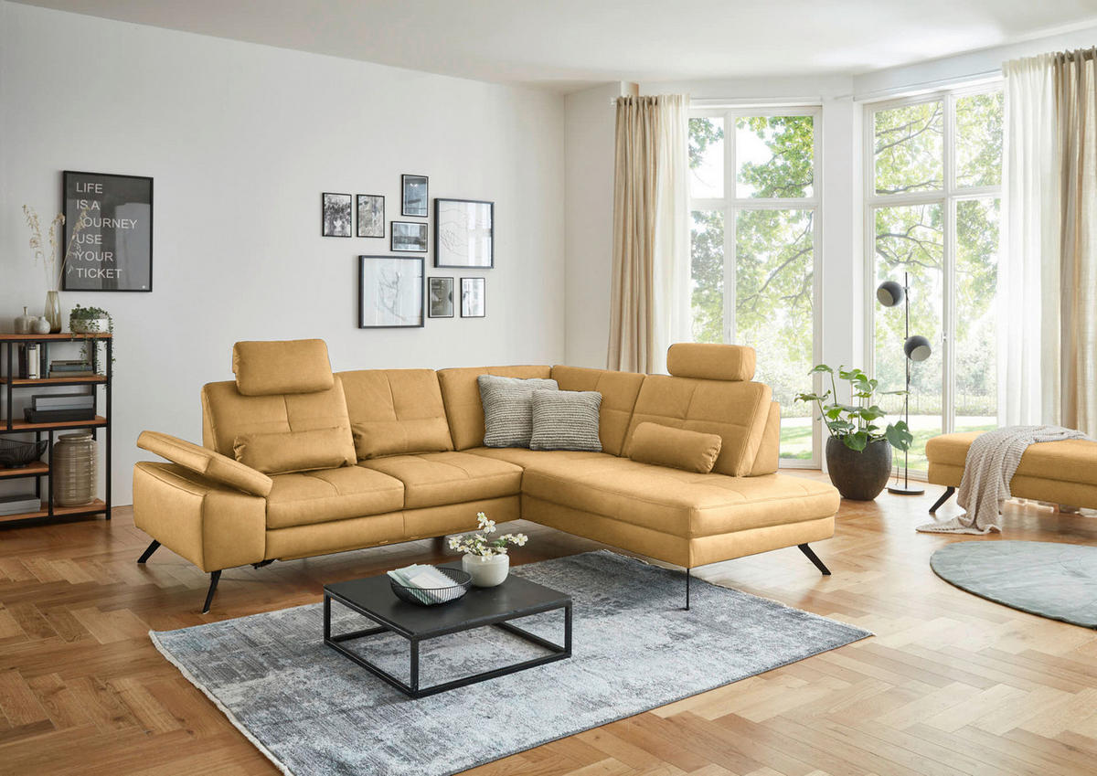 ECKSOFA in Lederlook, Mikrofaser Gelb  - Gelb/Schwarz, Design, Textil/Metall (261/220cm) - Beldomo System