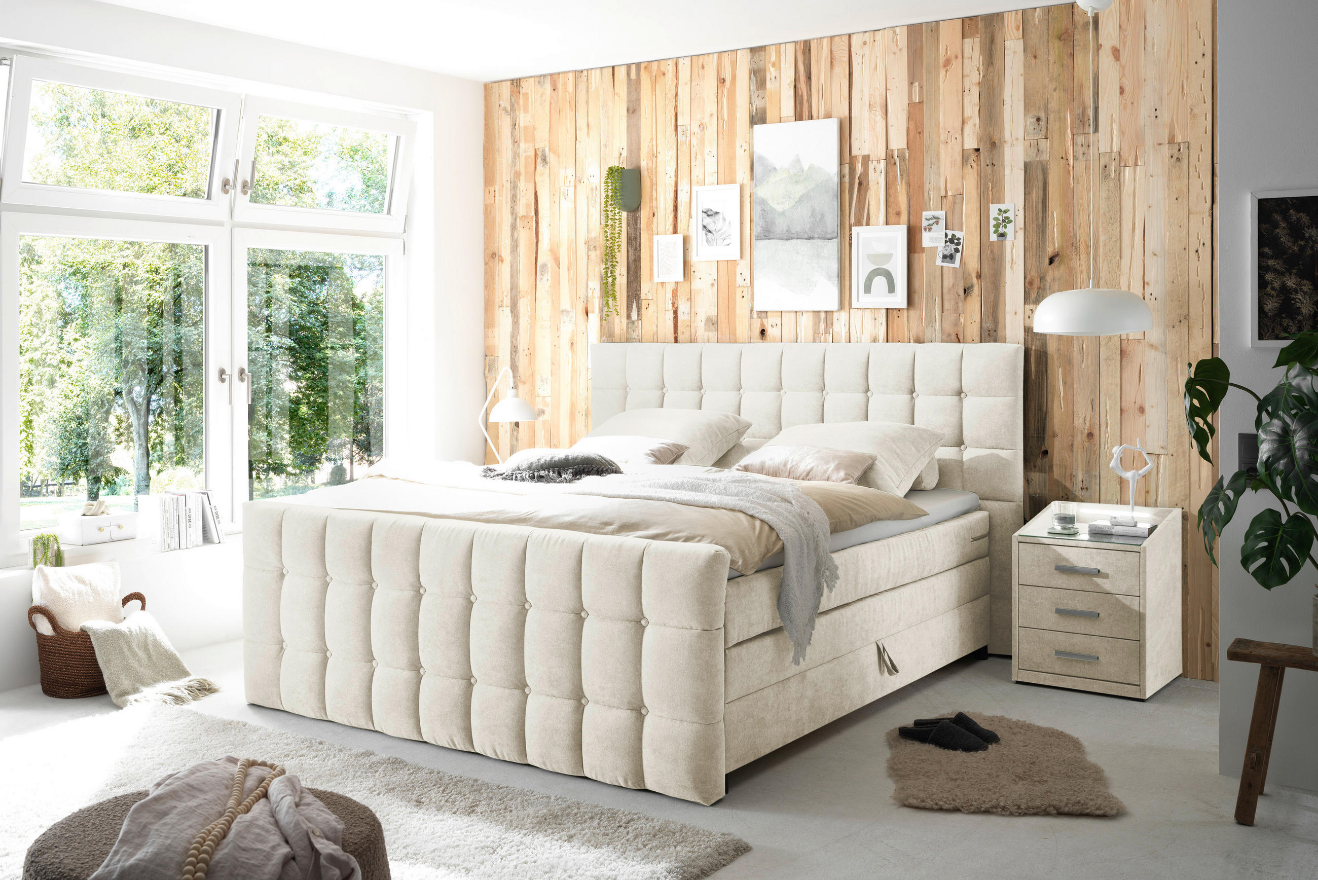 BOXSPRINGBETT 180/200 cm  in Creme  - Creme/Schwarz, MODERN, Holzwerkstoff/Kunststoff (180/200cm) - MID.YOU