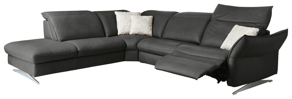 ECKSOFA in Echtleder Schwarz  - Edelstahlfarben/Schwarz, Design, Leder/Metall (258/292cm) - Hukla