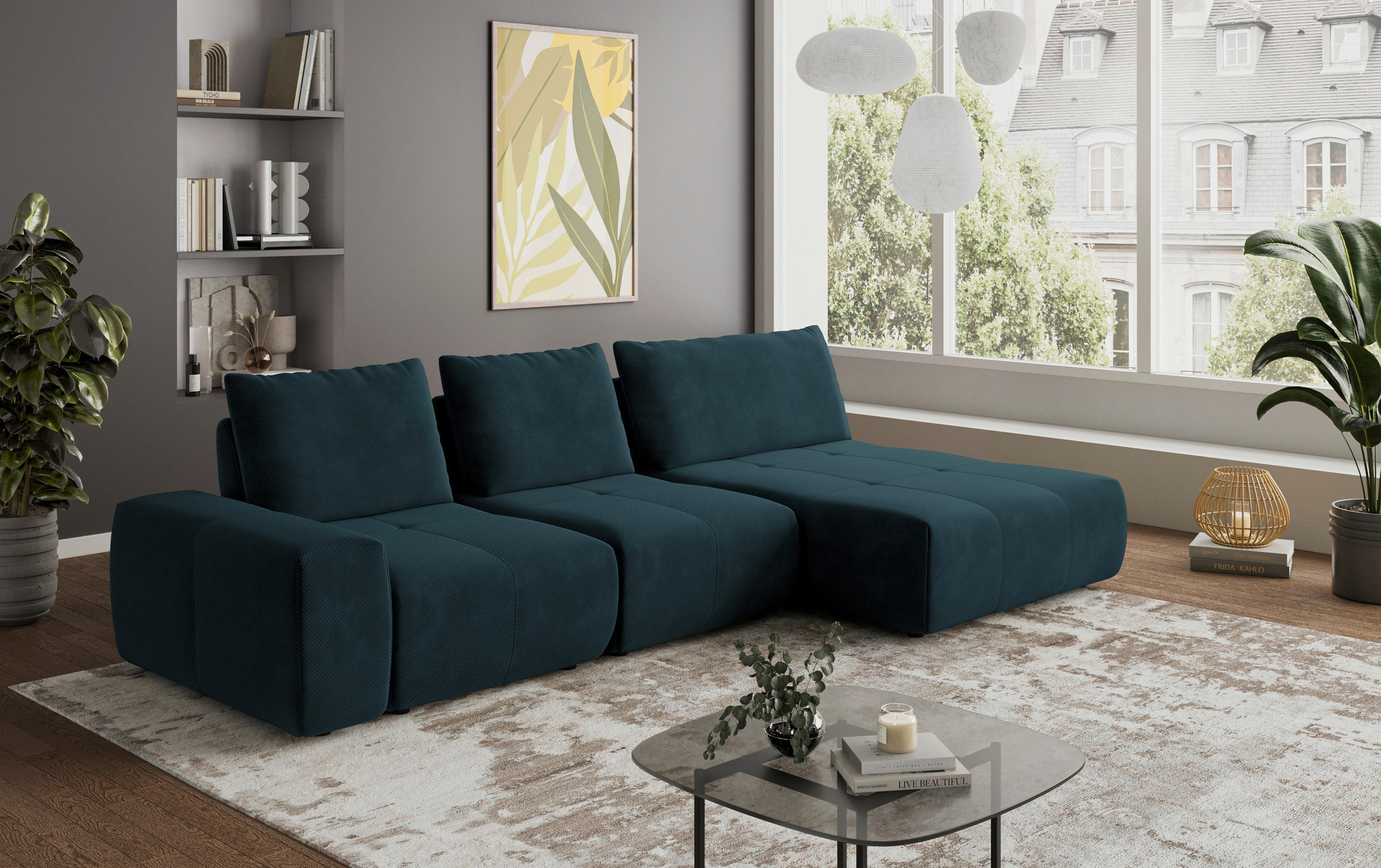 ECKSOFA in Velours Dunkelblau  - Schwarz/Dunkelblau, Design, Kunststoff/Textil (347/174cm) - Xora