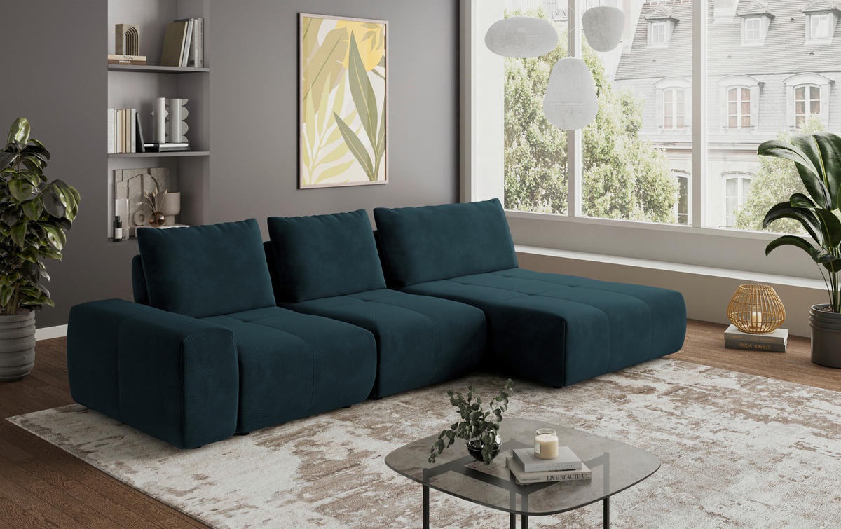 ECKSOFA in Velours Dunkelblau  - Schwarz/Dunkelblau, Design, Kunststoff/Textil (347/174cm) - Xora