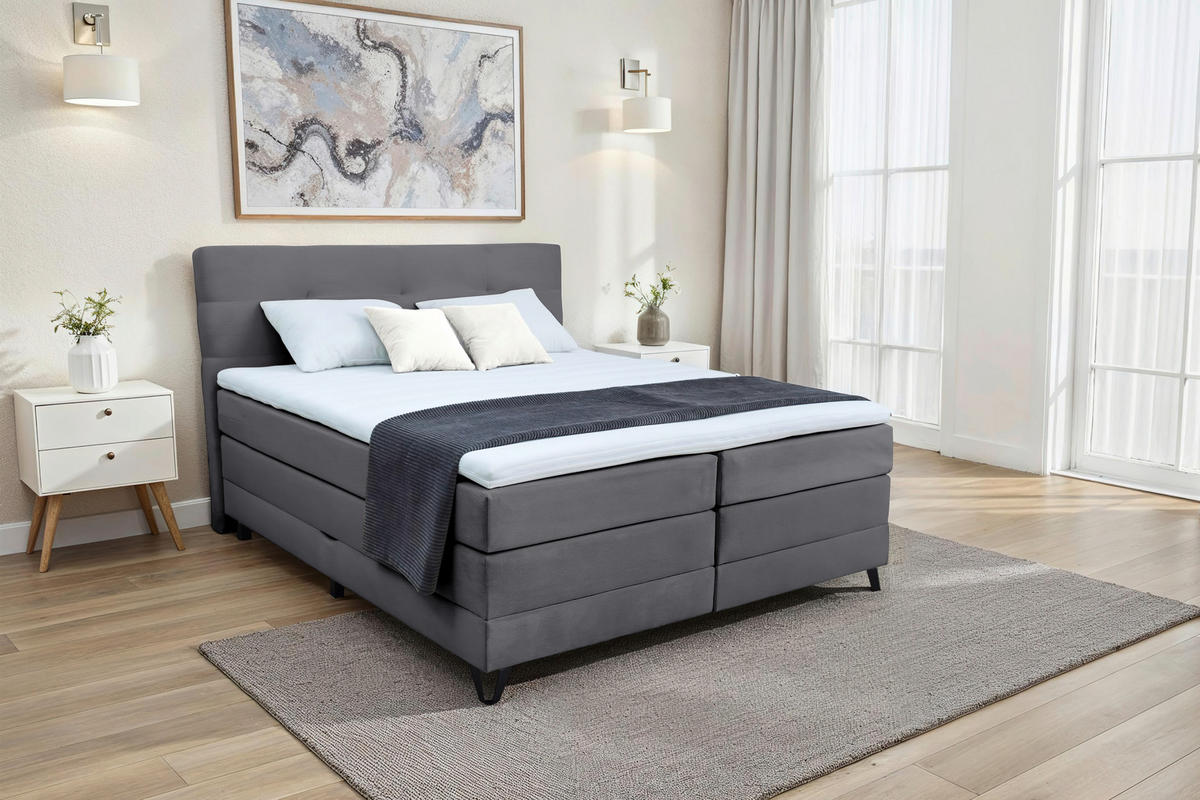 BOXSPRINGBETT 180/200 cm  in Dunkelgrau  - Dunkelgrau/Schwarz, KONVENTIONELL, Textil/Metall (180/200cm) - Carryhome