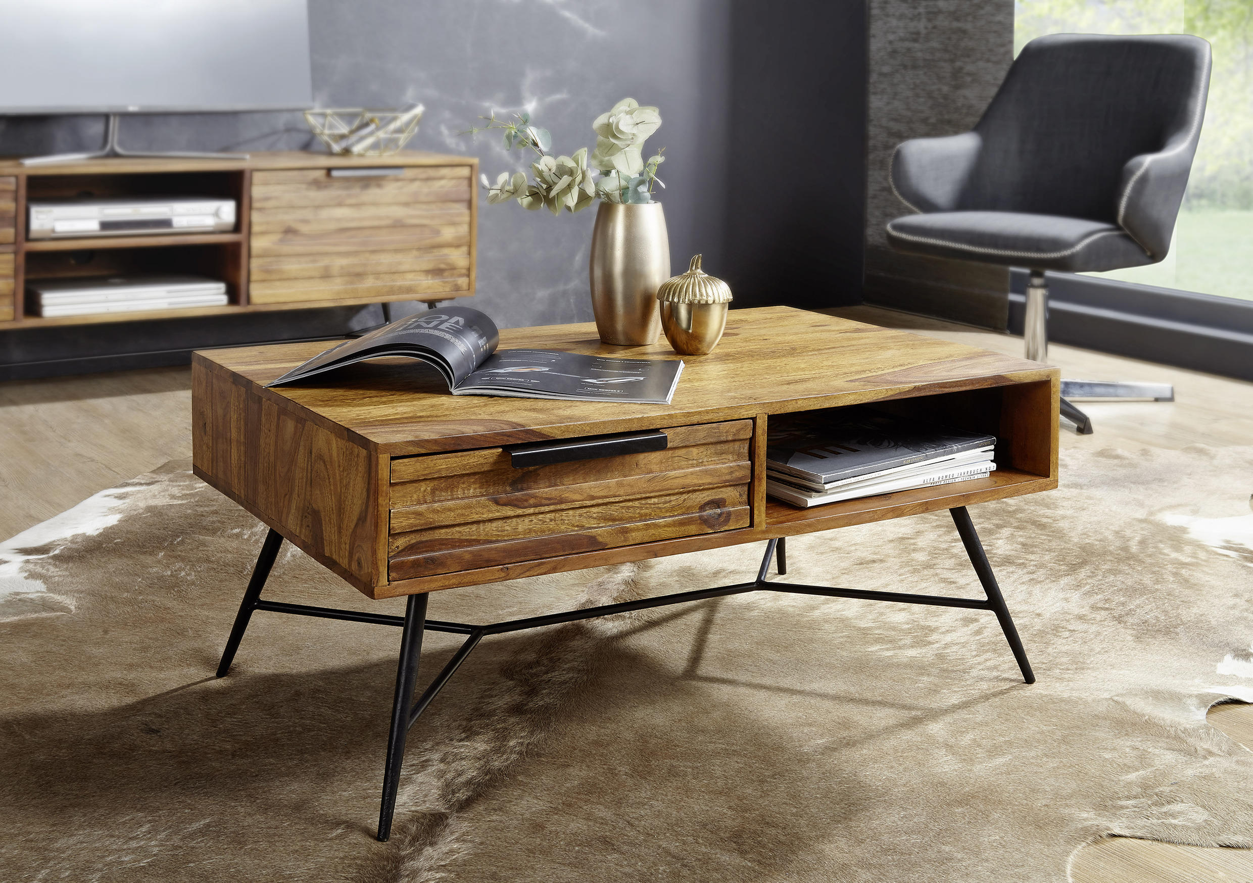 Couchtisch "Nishan" , Sheesham massiv 87/41/55 cm rechteckig Sheeshamfarben  - Sheeshamfarben/Schwarz, Design, Holz/Metall (87/41/55cm) - MID.YOU