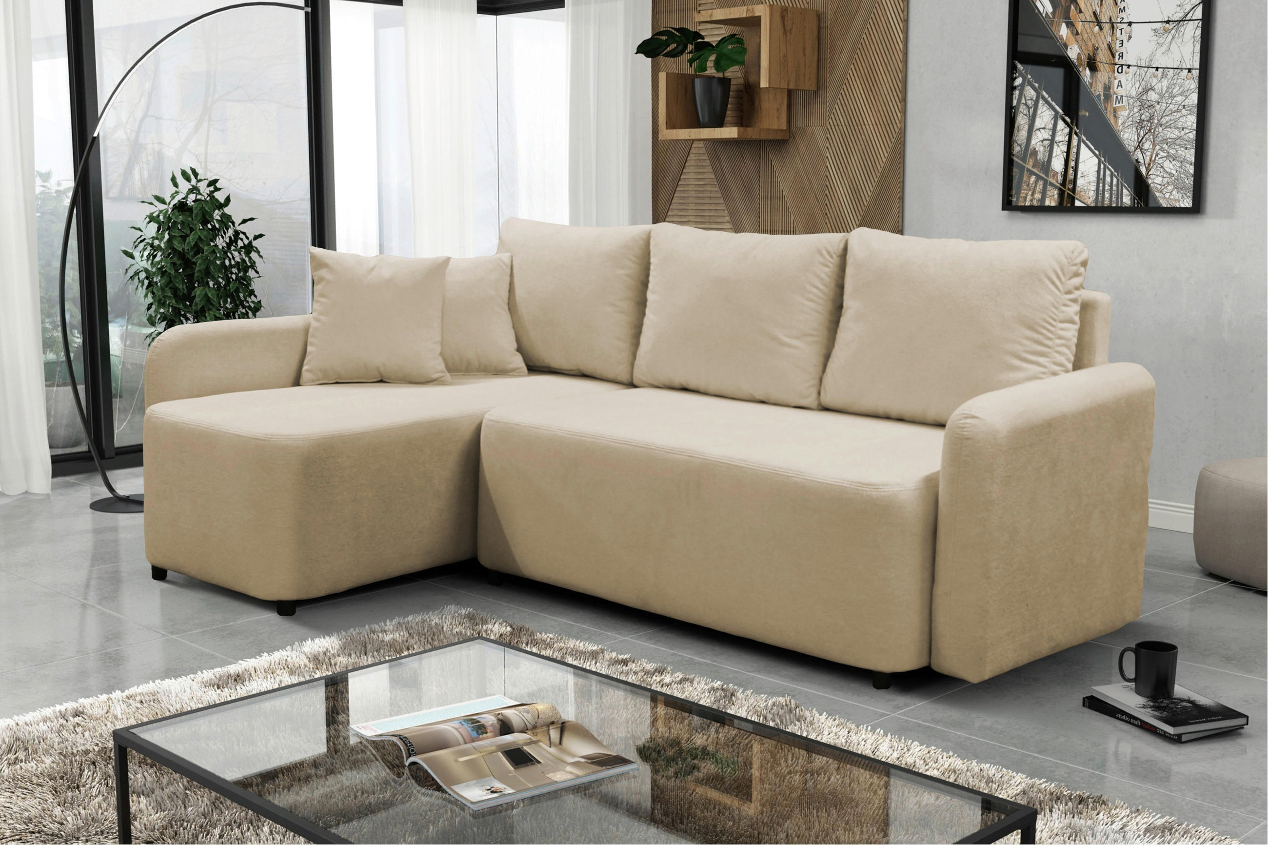 ECKSOFA STERN Beige Bouclé Zierkissen, Rückenkissen, Bettkasten  - Beige/Schwarz, Design, Kunststoff/Textil (152/207cm) - MID.YOU