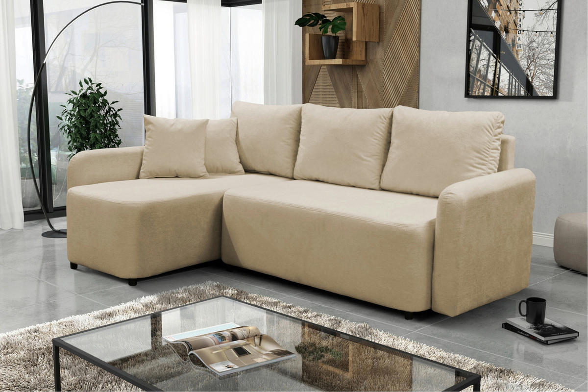 ECKSOFA STERN Beige Bouclé Zierkissen, Rückenkissen, Bettkasten  - Beige/Schwarz, Design, Kunststoff/Textil (152/207cm) - MID.YOU