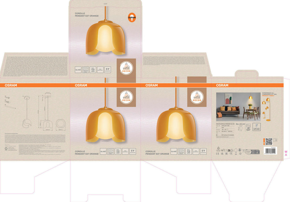 HÄNGELEUCHTE 20/121,5 cm  - Orange, Basics, Glas/Metall (20/121,5cm) - Osram