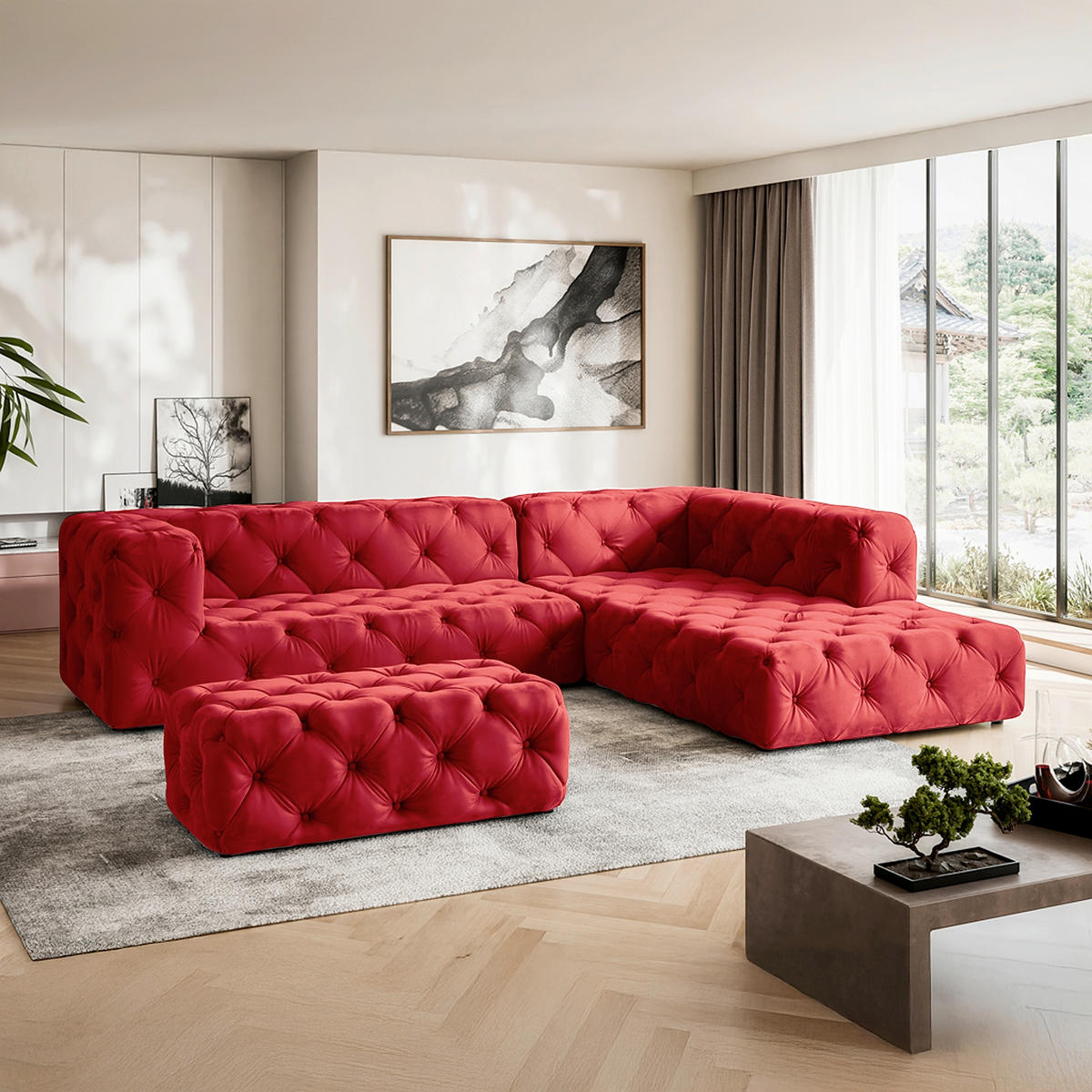 ECKSOFA Fresco Rot Samt  - Rot/Schwarz, Design, Kunststoff/Textil (325/228cm) - P & B