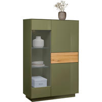 Comodă Înaltă 101/150/42 cm  - culoare lemn stejar/măsliniu, Design, sticlă/lemn (101/150/42cm) - Novel