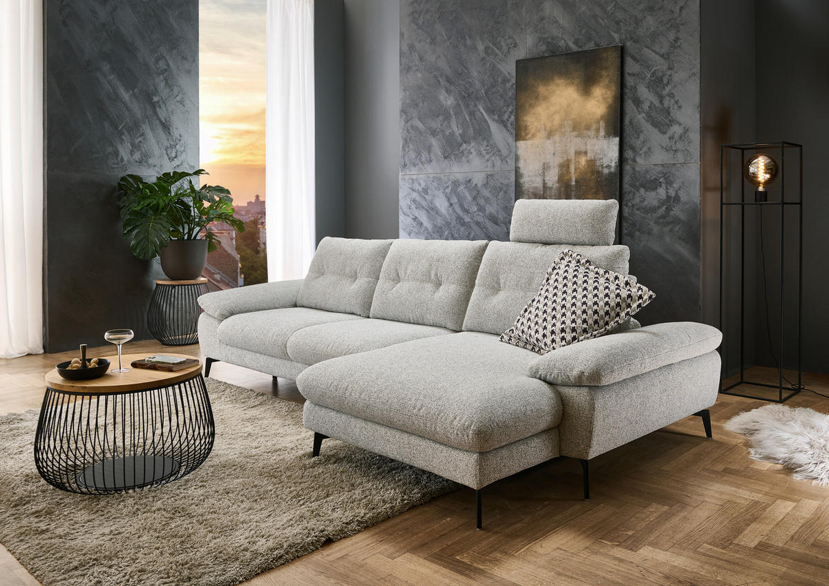 ECKSOFA Hellgrau Flachgewebe  - Hellgrau/Schwarz, Design, Textil/Metall (303/168cm) - Valdera