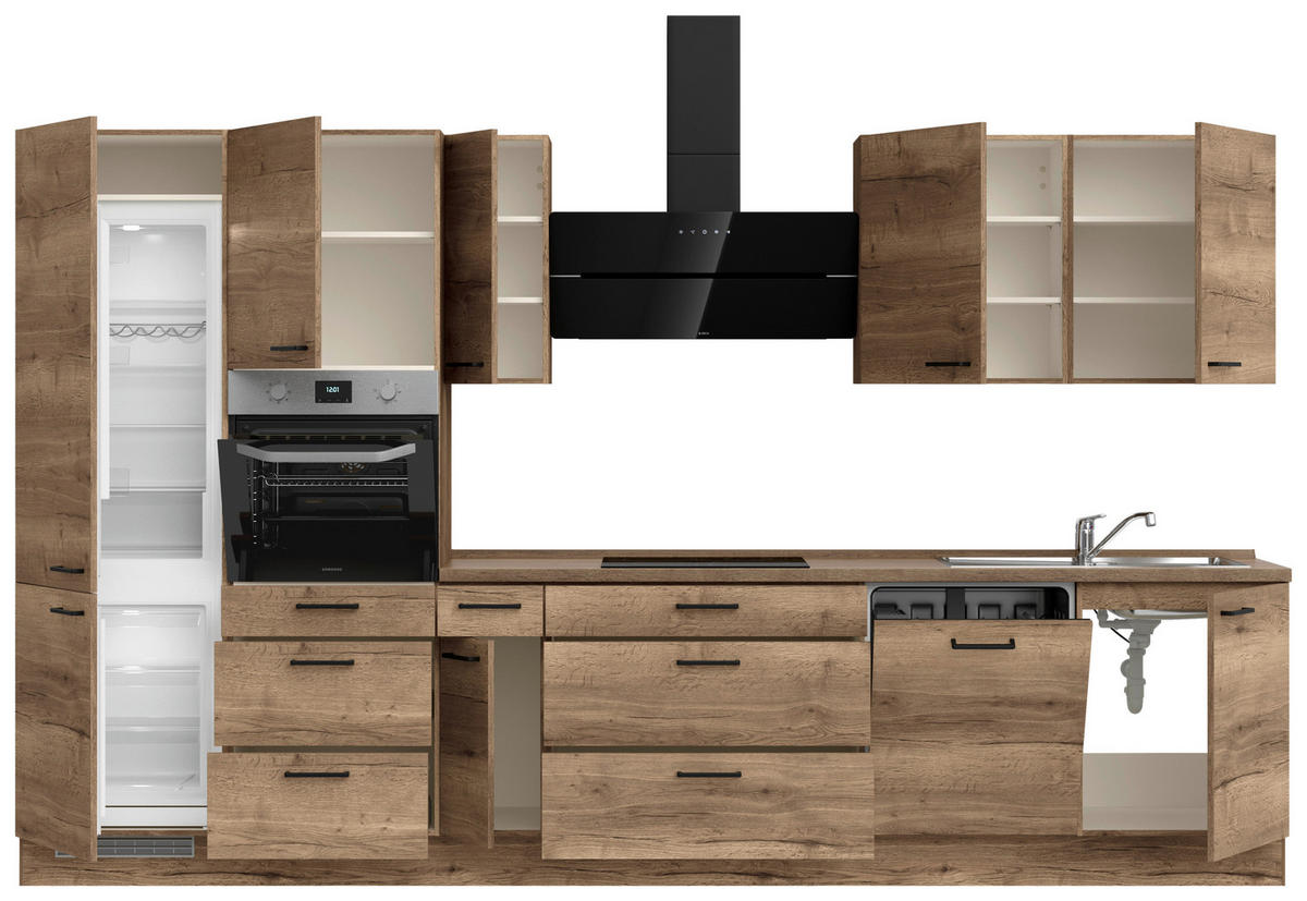 BUCĂTĂRIE FĂRĂ ELECTROCASNICE  - stejar închis la culoare/negru, Modern, metal/material pe bază de lemn (360cm) - Nobilia