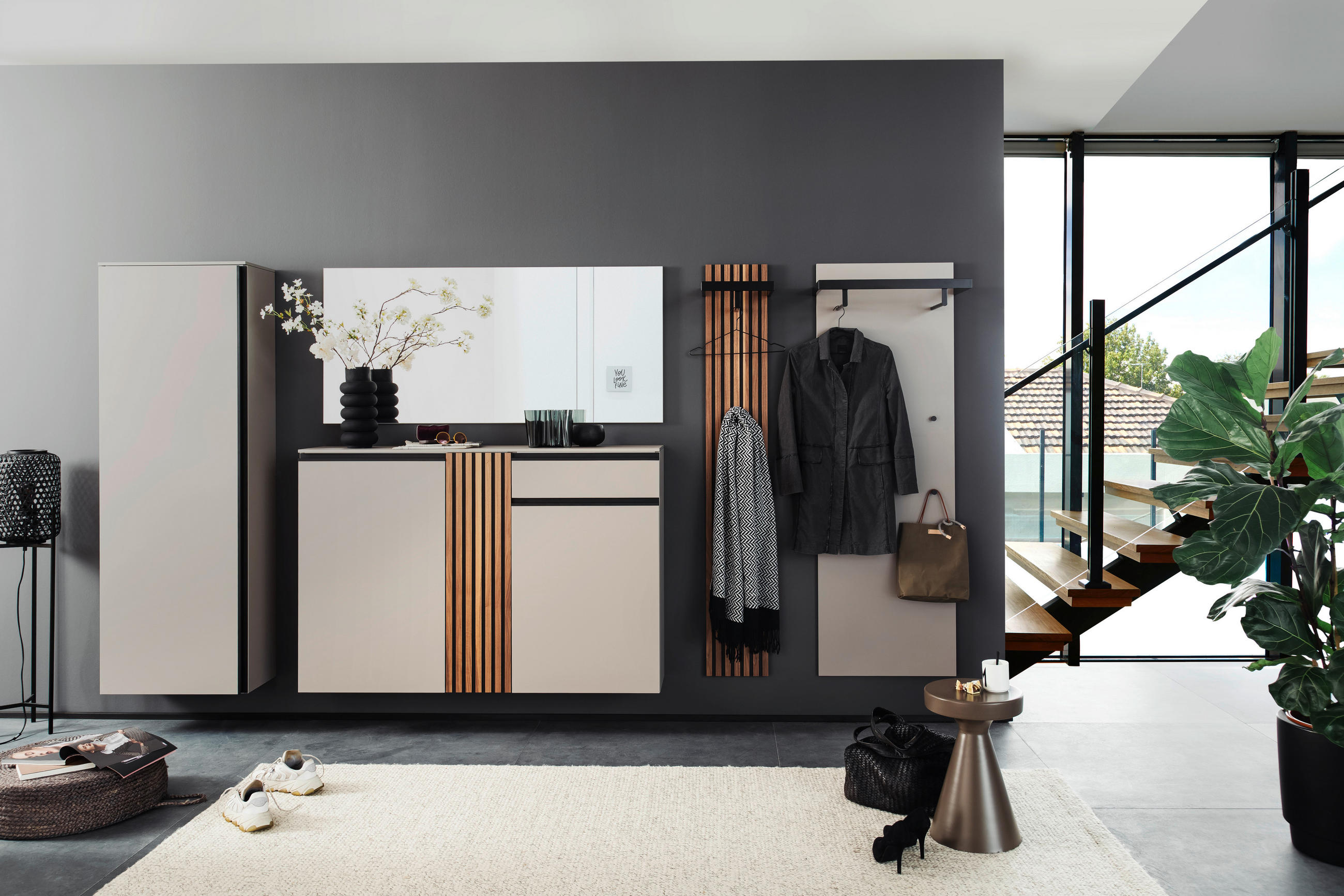 GARDEROBE 5-teilig  in 330/200/30 cm  - Nussbaumfarben/Grau, Design, Holz/Holzwerkstoff (330/200/30cm) - Moderano