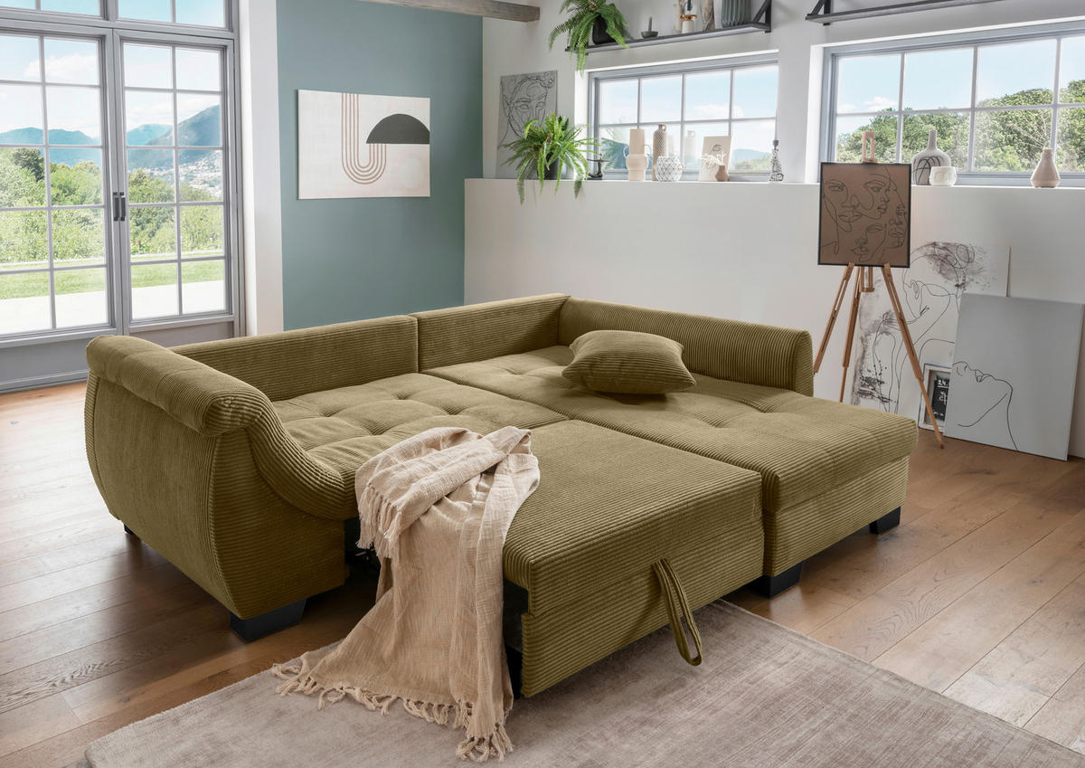 Wohnlandschaft in Cord Olivgrün  - Schwarz/Olivgrün, Design, Holz/Textil (250/190cm) - MID.YOU