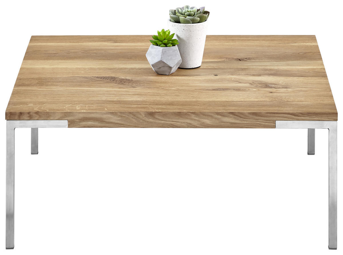 COUCHTISCH Eiche massiv 80/80/33,5 cm quadratisch Eichefarben, Edelstahlfarben  - Edelstahlfarben/Eichefarben, Design, Holz/Metall (80/80/33,5cm) - Novel