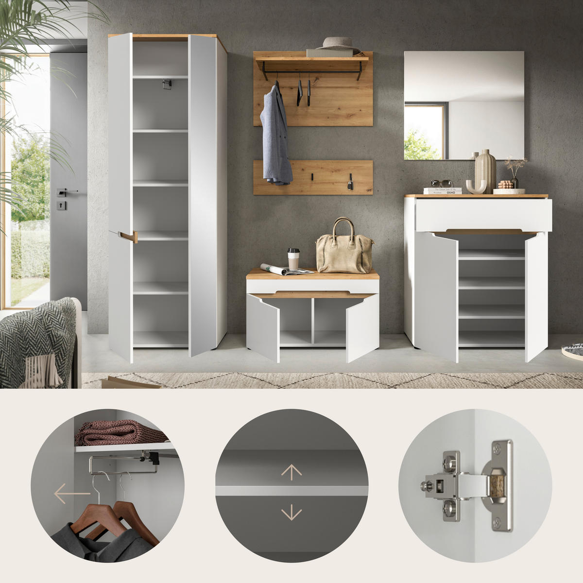GARDEROBE 5-teilig  in 255/190/37 cm  - Weiß/Eiche Artisan, Design, Holzwerkstoff (255/190/37cm) - MID.YOU