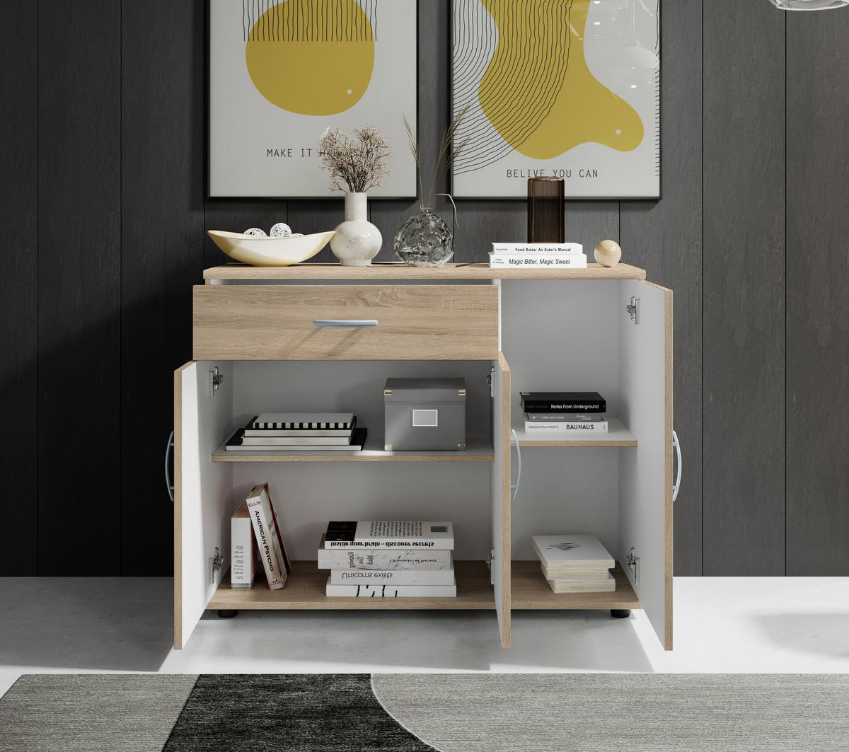 KOMODA  90/70/30 cm  sonoma hrast  - sonoma hrast/srebrna, Dizajnerski, pločasti materijal/plastika (90/70/30cm) - Boxxx