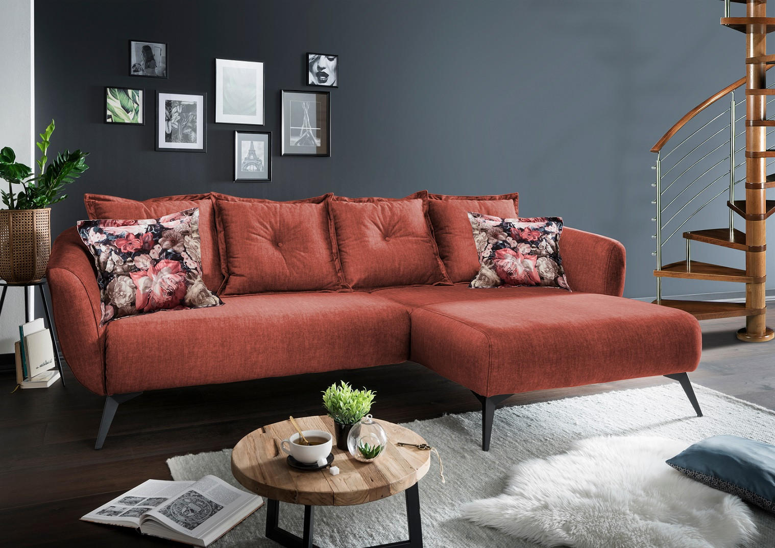 ECKSOFA in Velours Koralle, Multicolor  277/162 cm  - Koralle/Multicolor, MODERN, Holz/Textil (277/162cm) - Livetastic