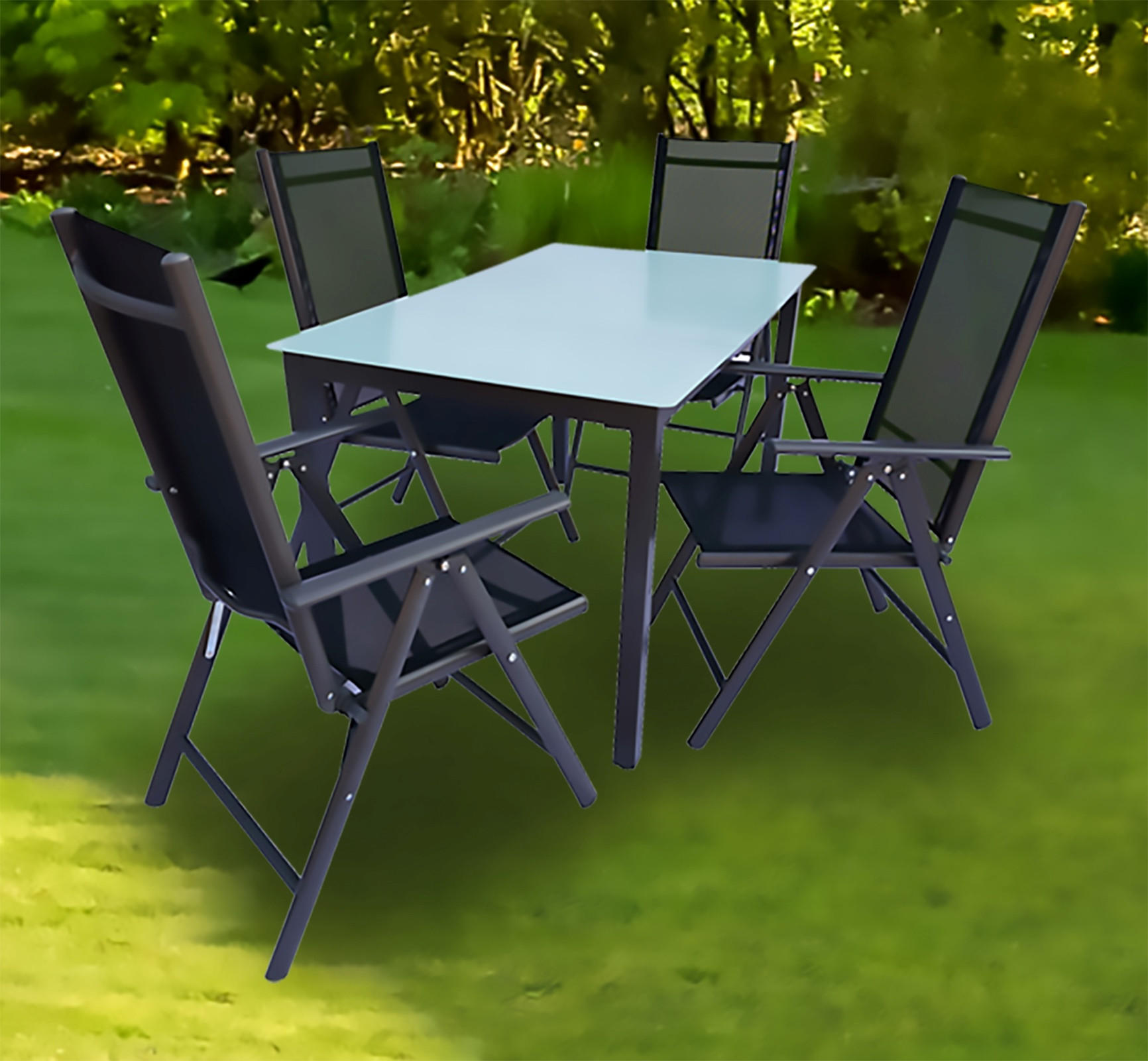 Thumbnail - Gardenson Gartentischgruppe, Anthrazit, Metall, Glas, Textil, rechteckig, A-Form, Stühle klappbar, Gartenmöbel, Gartenmö...